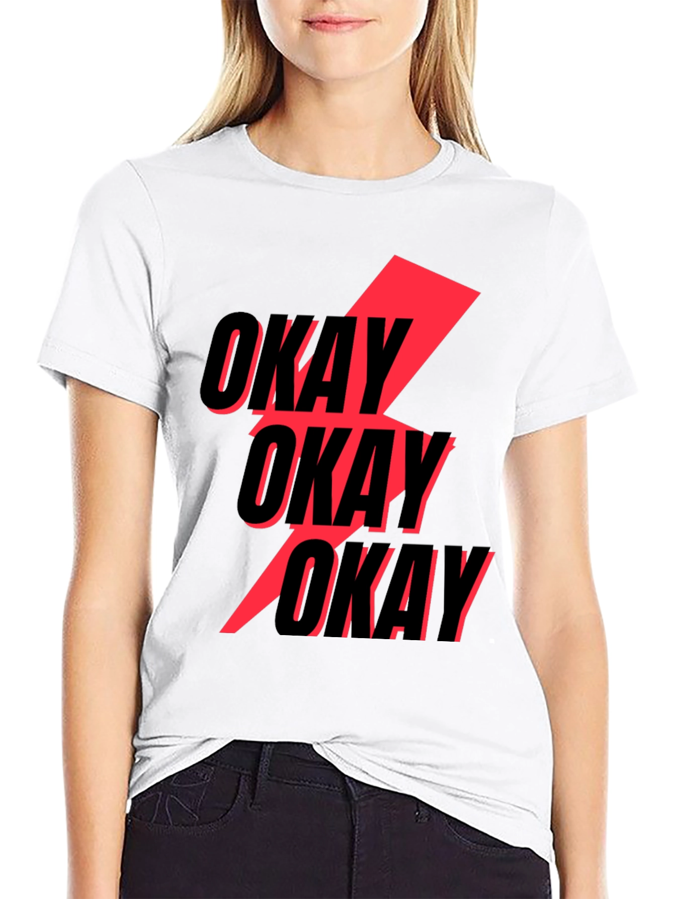 Black Okay Graphic T-Shirt - Bold Red Lightning Bolt Design view 9
