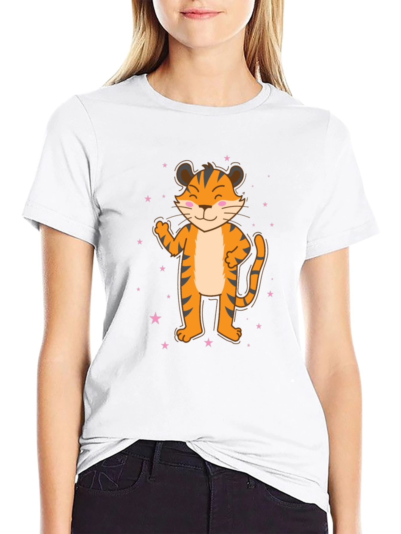 Black Cute Cartoon Tiger Black T-Shirt view 9