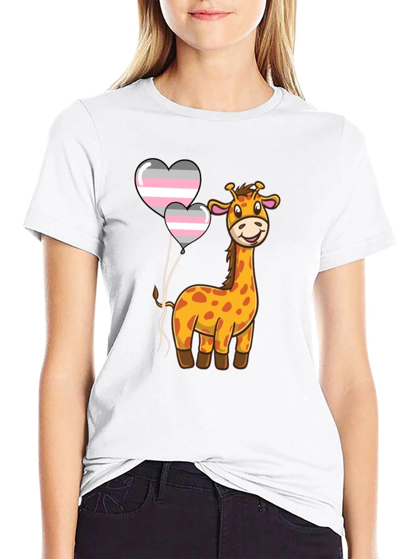 Black Giraffe with Demigender Pride Balloons T-Shirt view 9