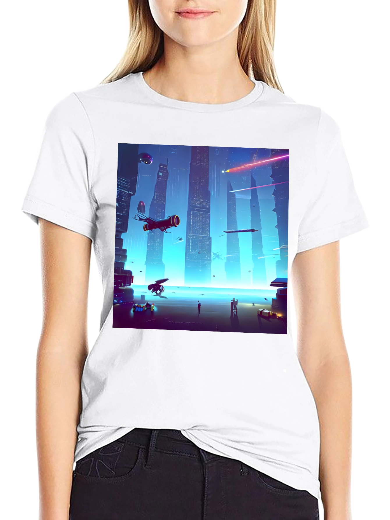 Black Sci-Fi Cityscape Black T-Shirt view 9