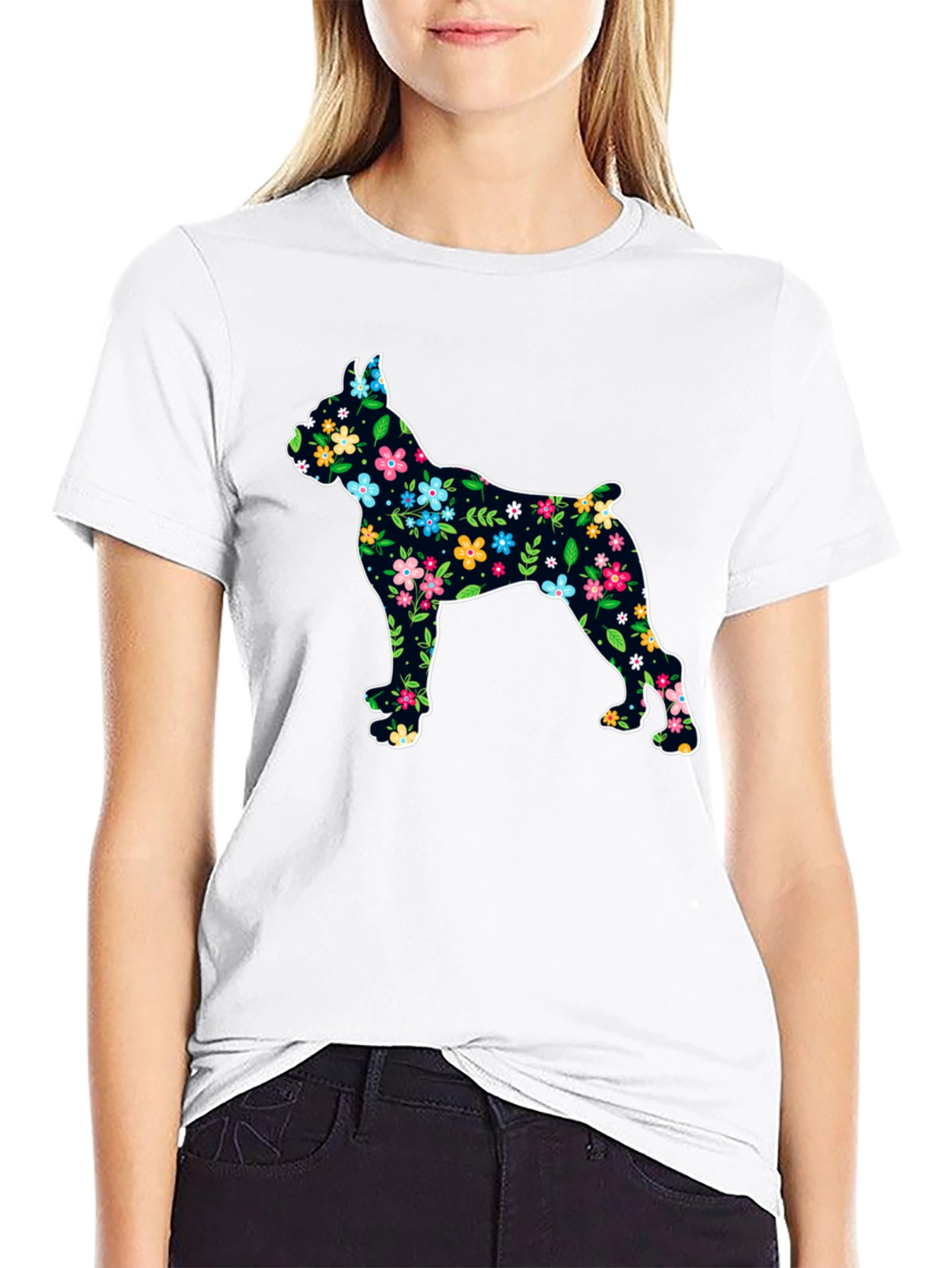 Black Floral Dog Silhouette Black T-Shirt view 9