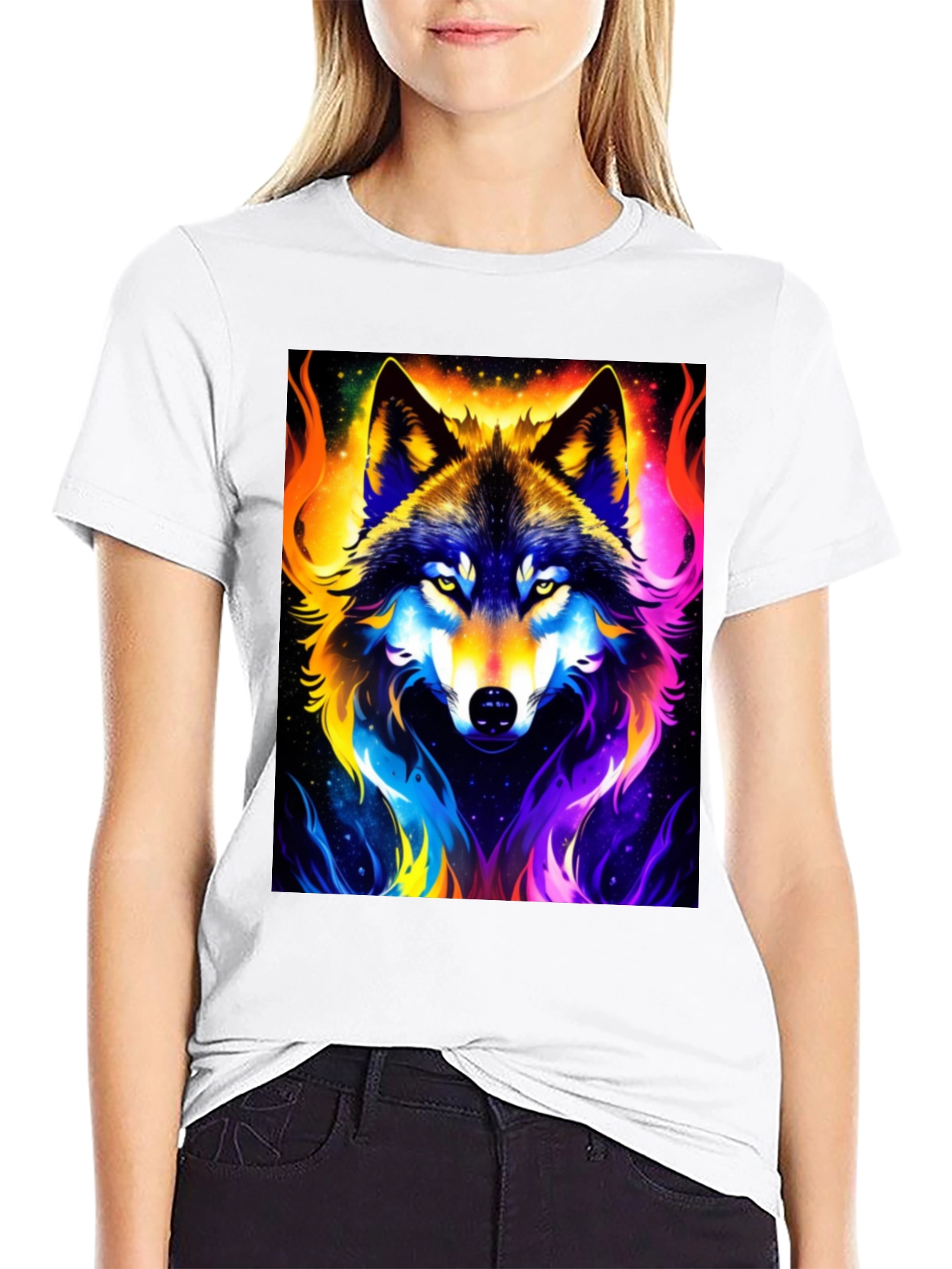 Black Vibrant Wolf Graphic Black T-Shirt view 9