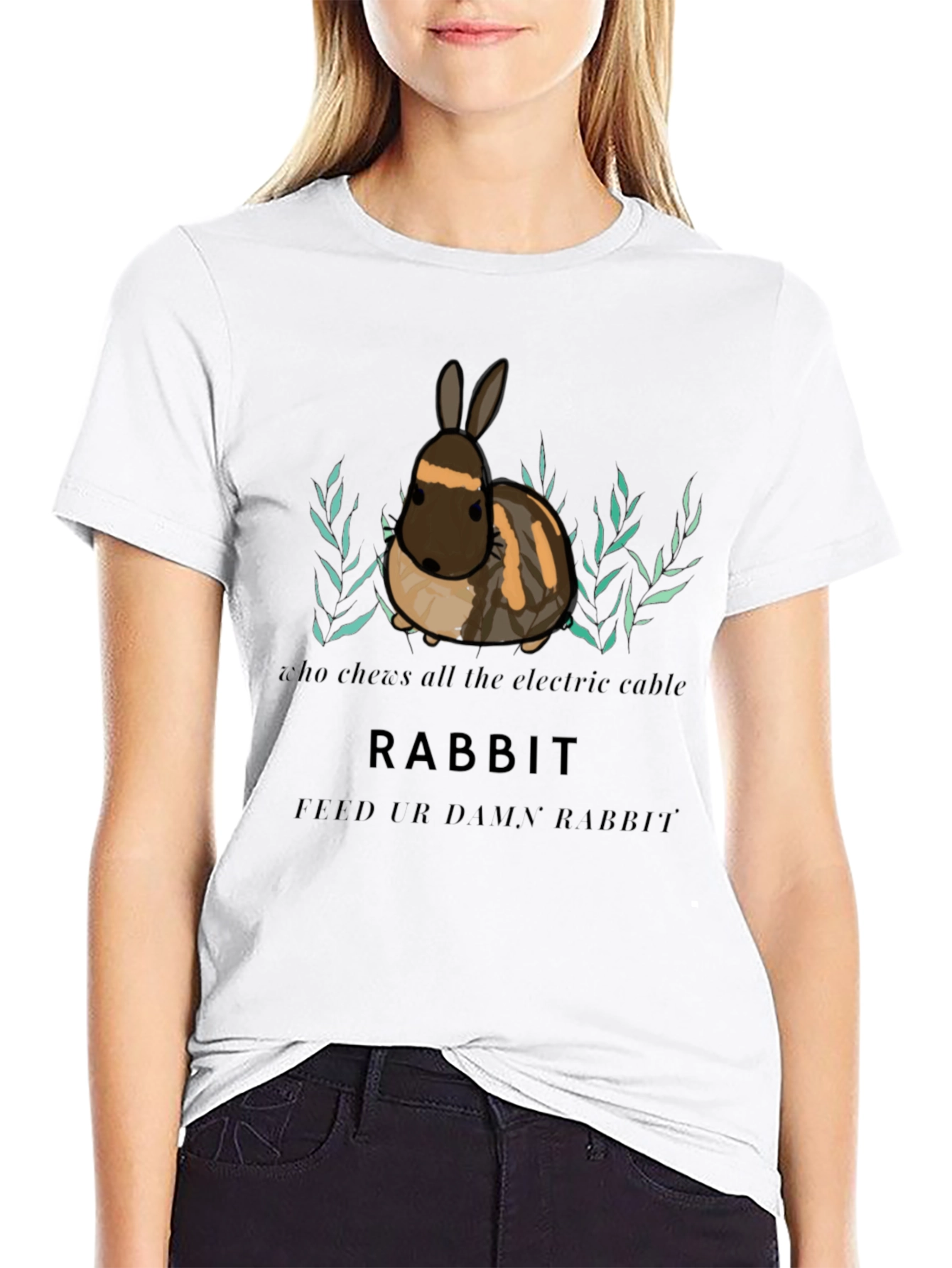 Black Funny Rabbit T-Shirt - Chew Electric Cable, Feed Ur Rabbit view 9