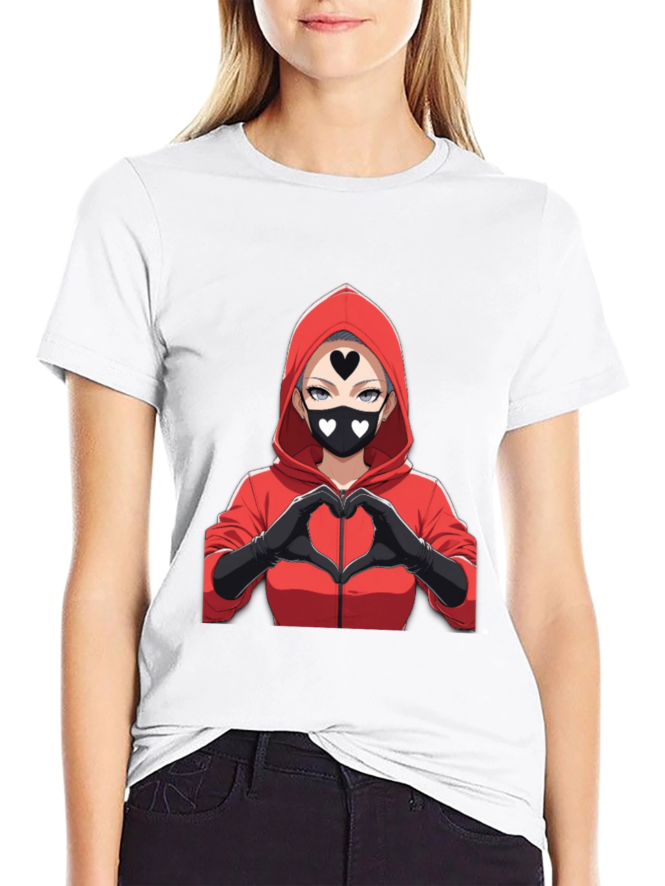 Black Anime Heart Mask T-Shirt - Black Cotton Tee view 9