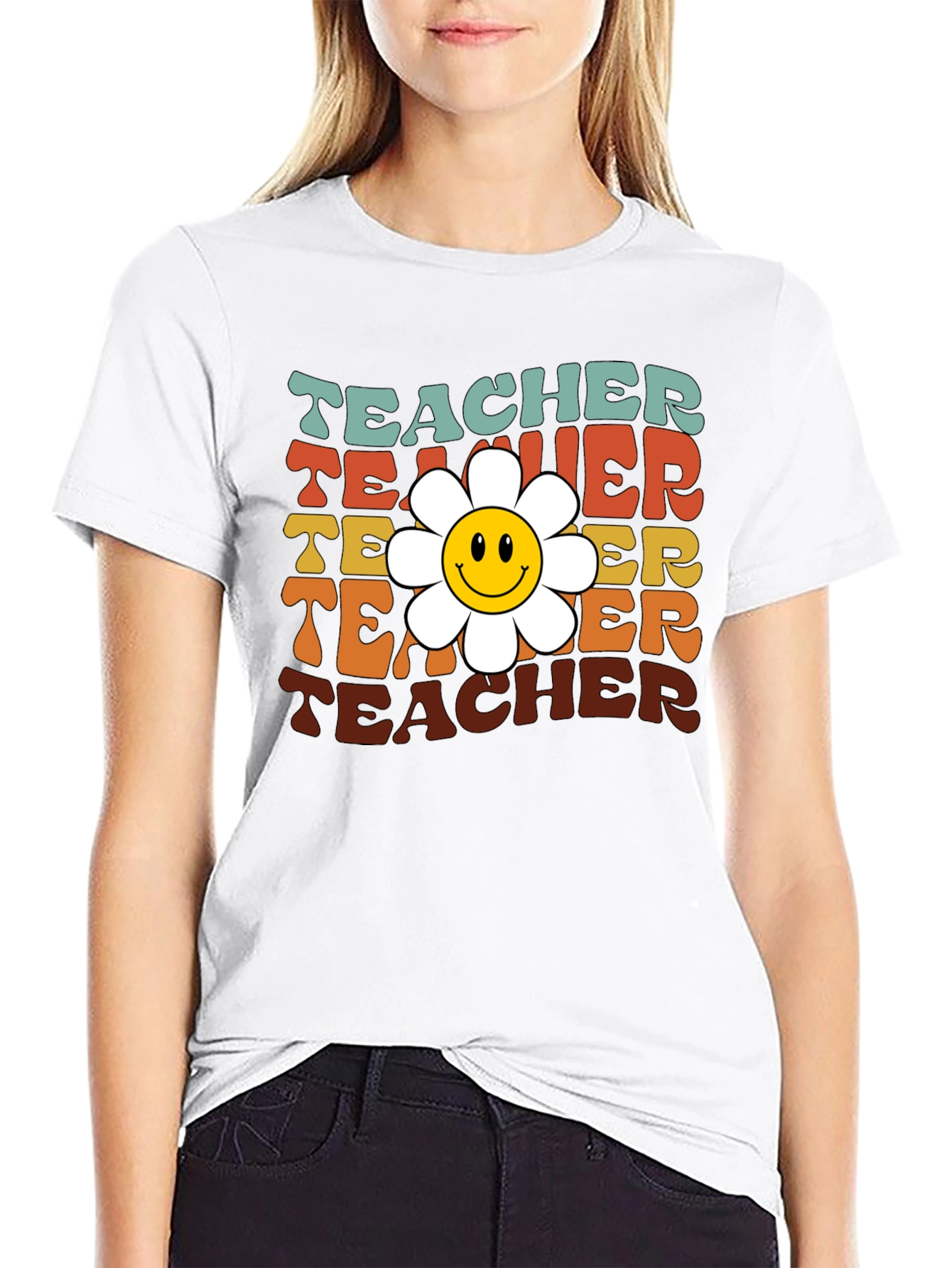Black Retro Teacher Smiley Flower T-Shirt view 9
