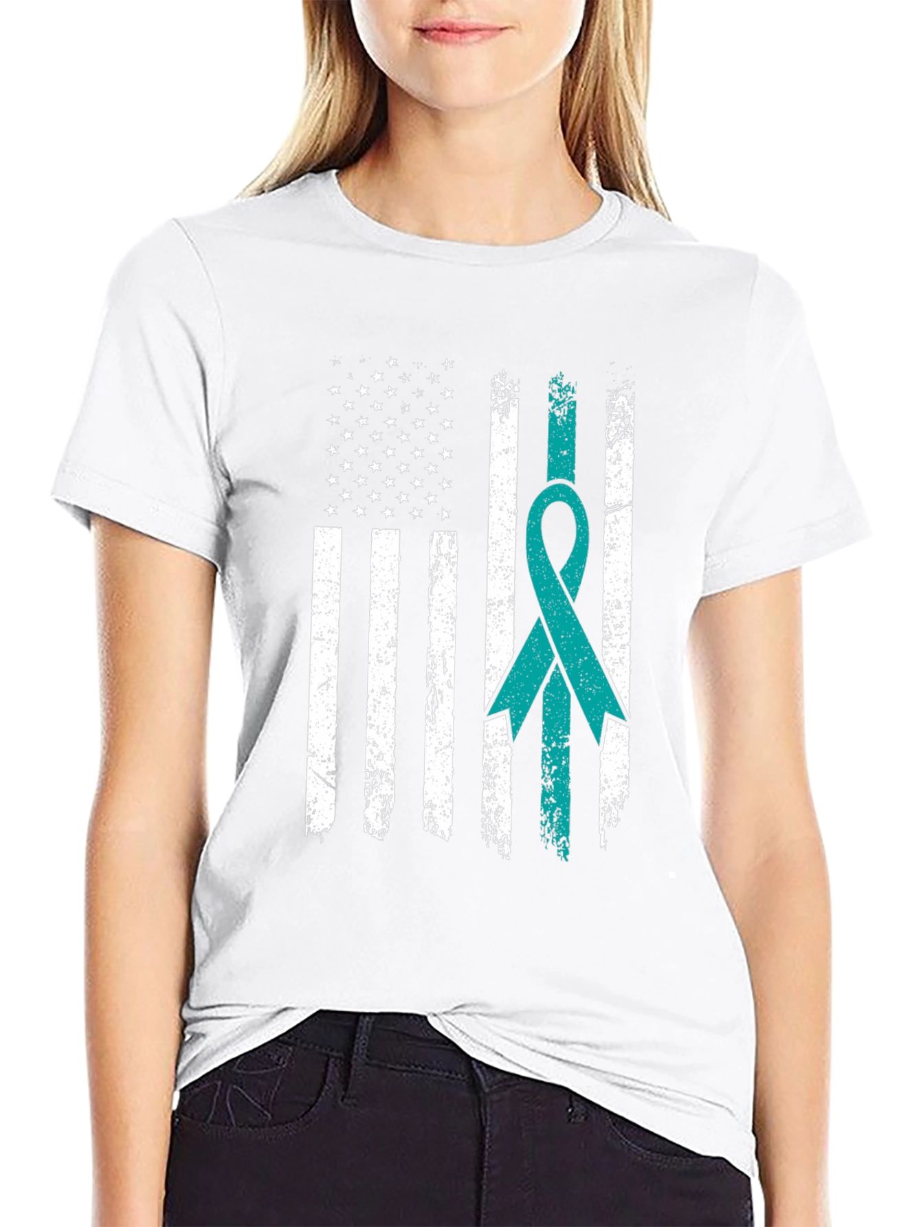 Distressed American Flag Awareness Ribbon T-Shirt - 9