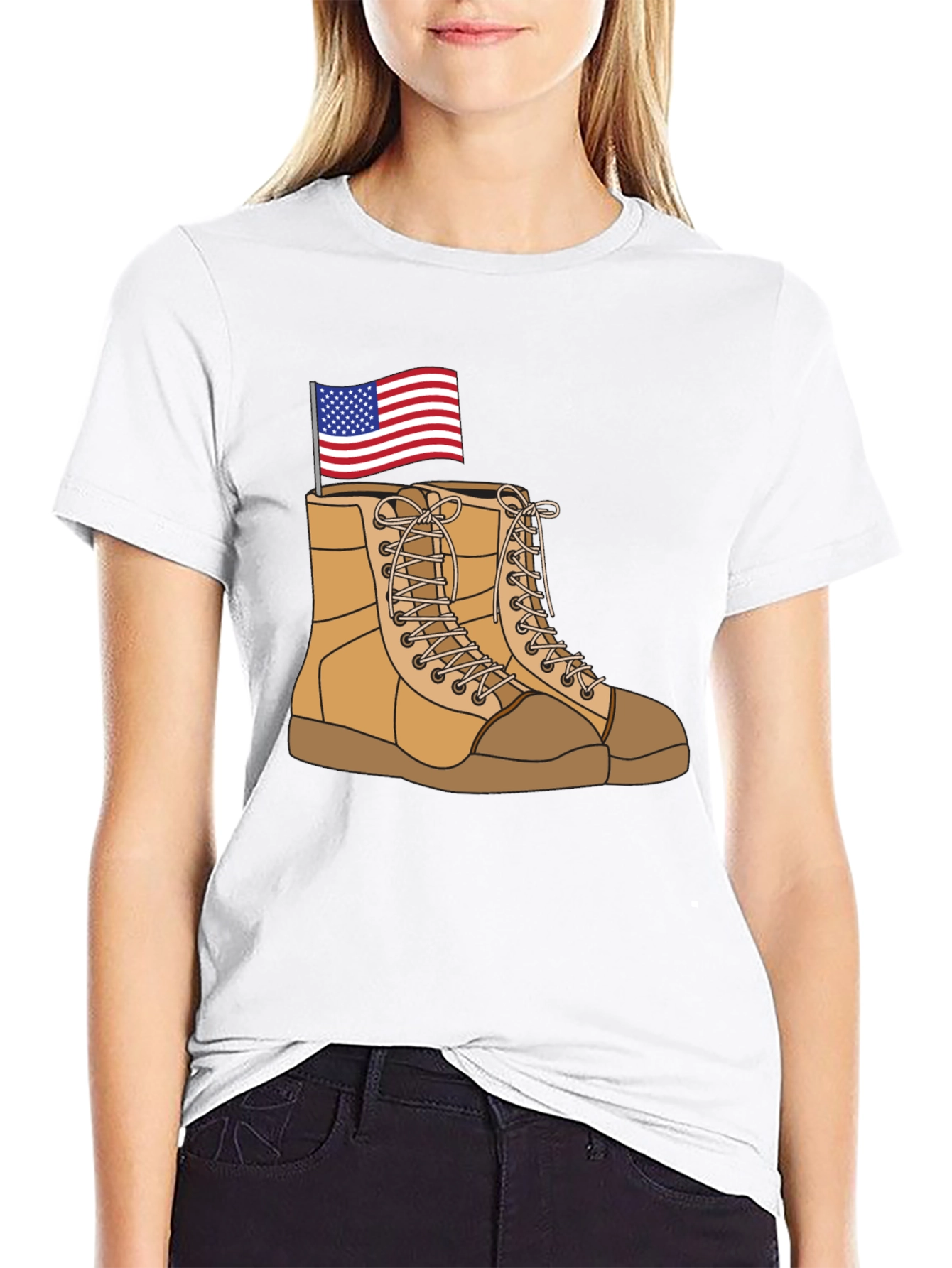 Black Graphic Tee with Boots and Flag Design view 9