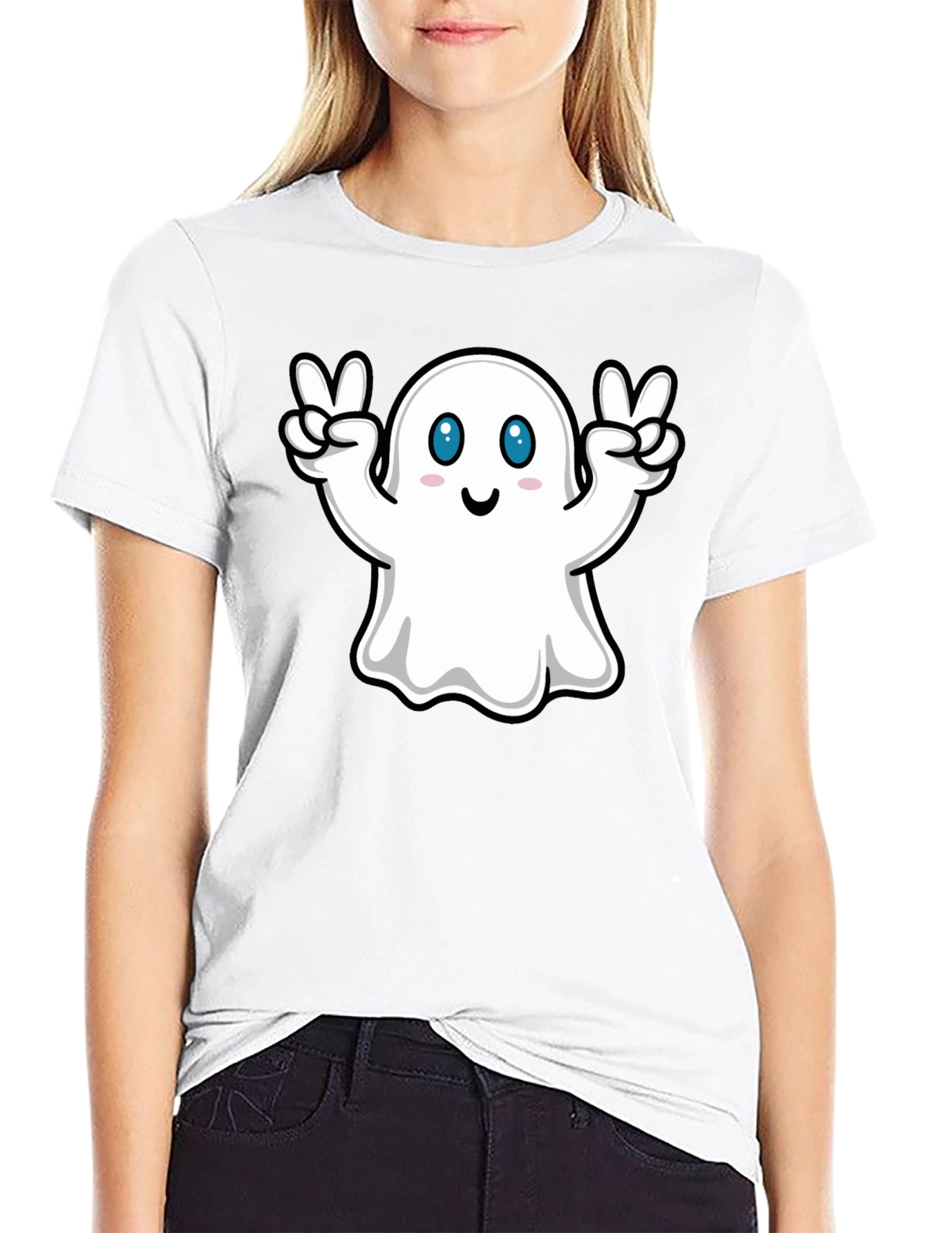 Black Cute Ghost Peace Sign Black T-Shirt view 9