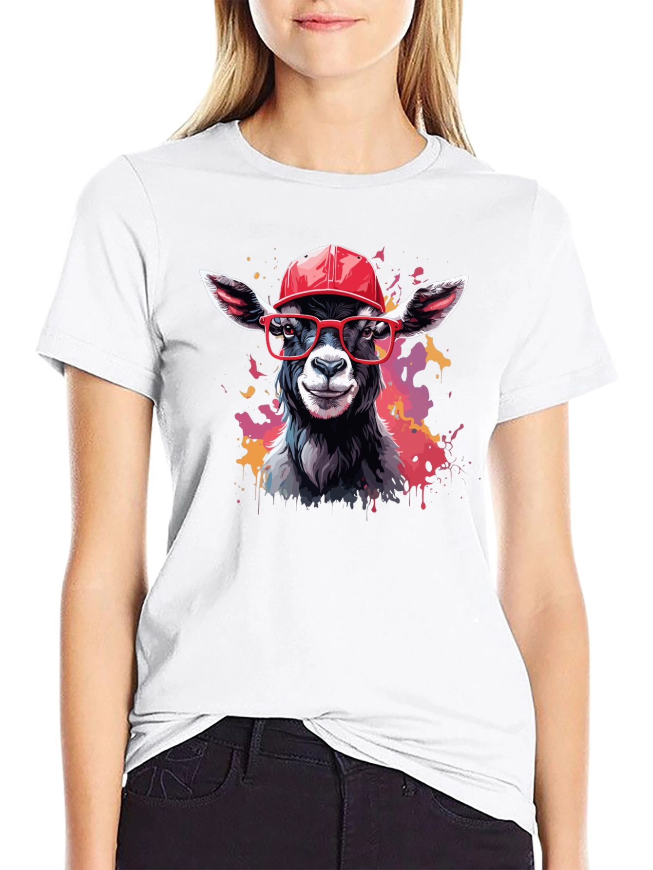 Black Goat Tee with Cap and Glasses - Cool Animal Design! view 9