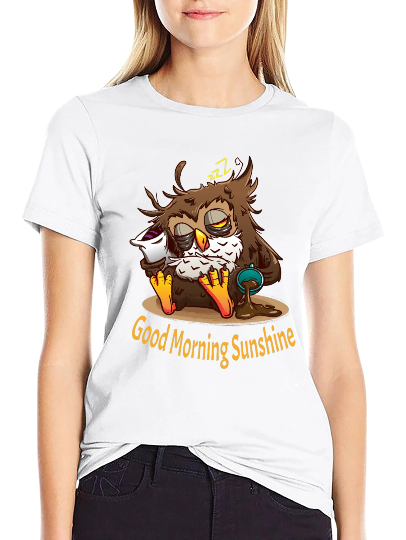 Black Funny Sleepy Owl Coffee T-Shirt - Good Morning Sunshine view 9