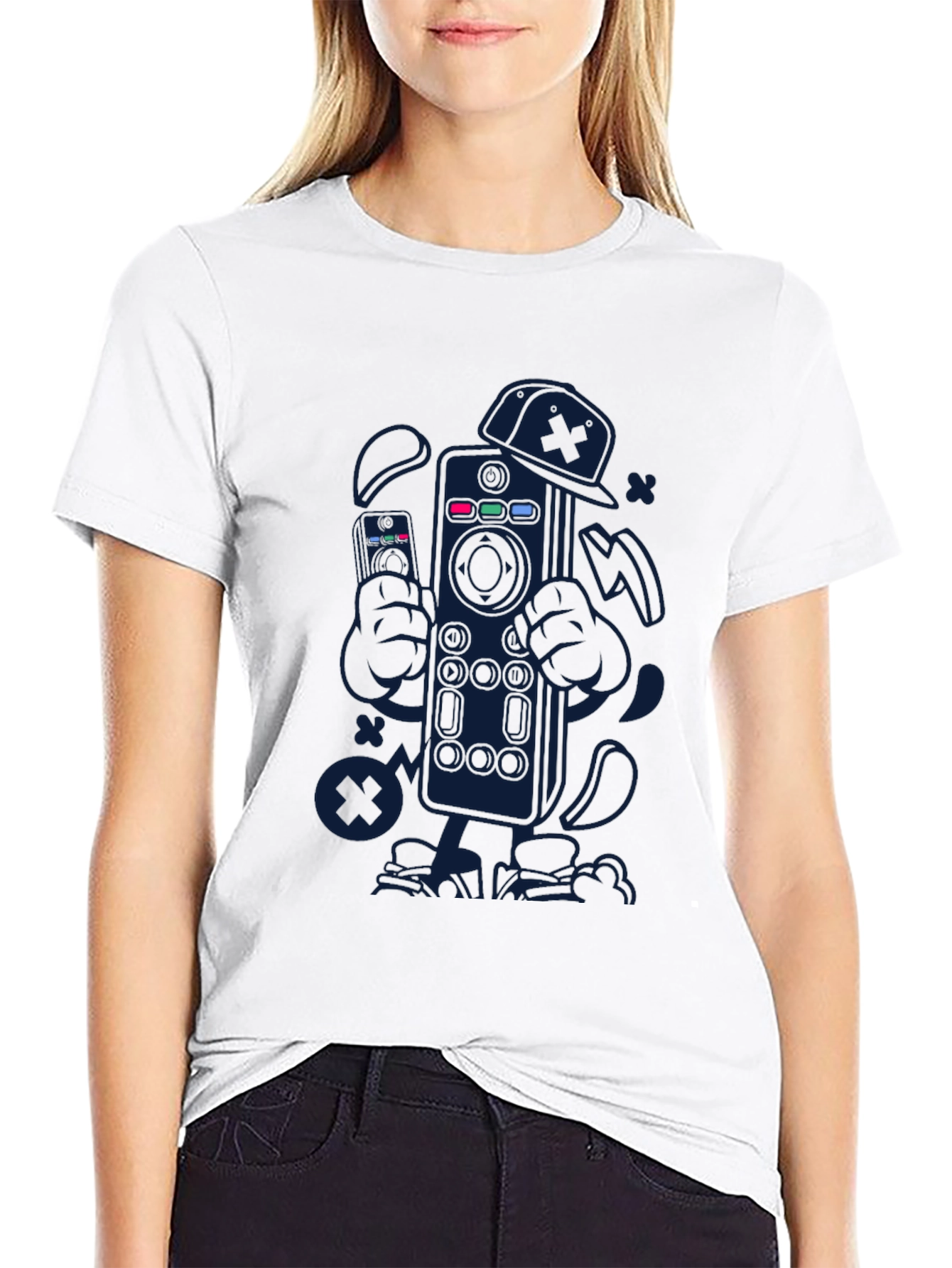 Black Remote Control Cartoon Graphic Tee view 9