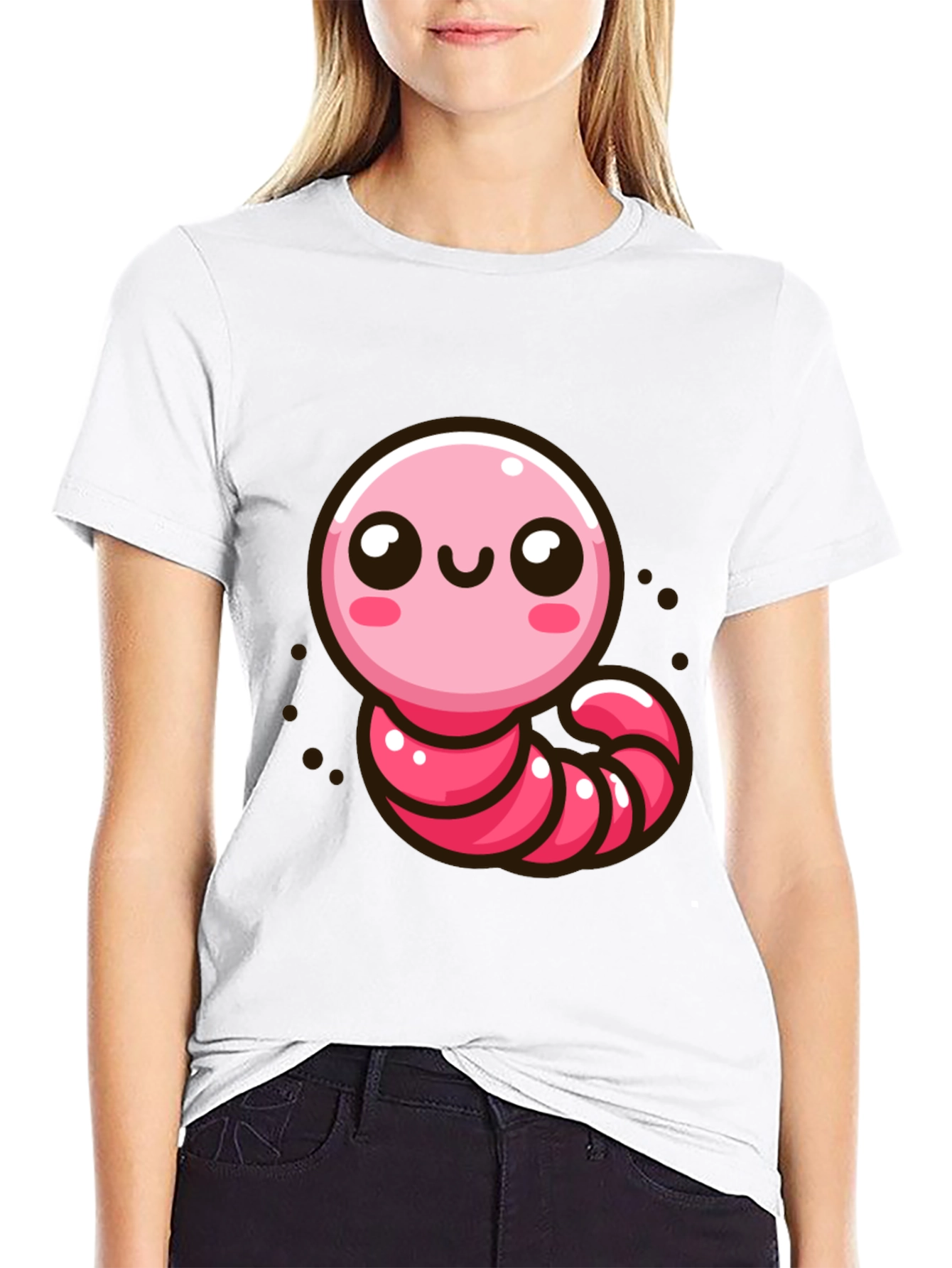 Black Cute Pink Worm Graphic T-Shirt view 9