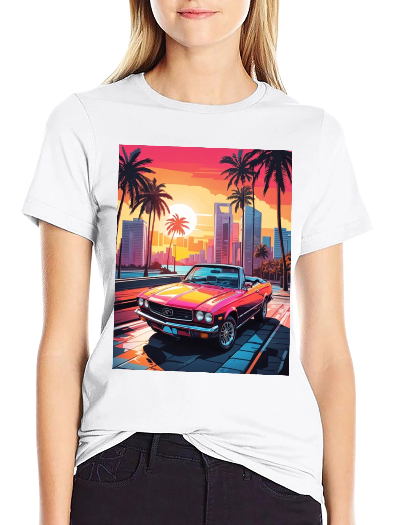 Black Retro Sunset Car Graphic Tee view 9