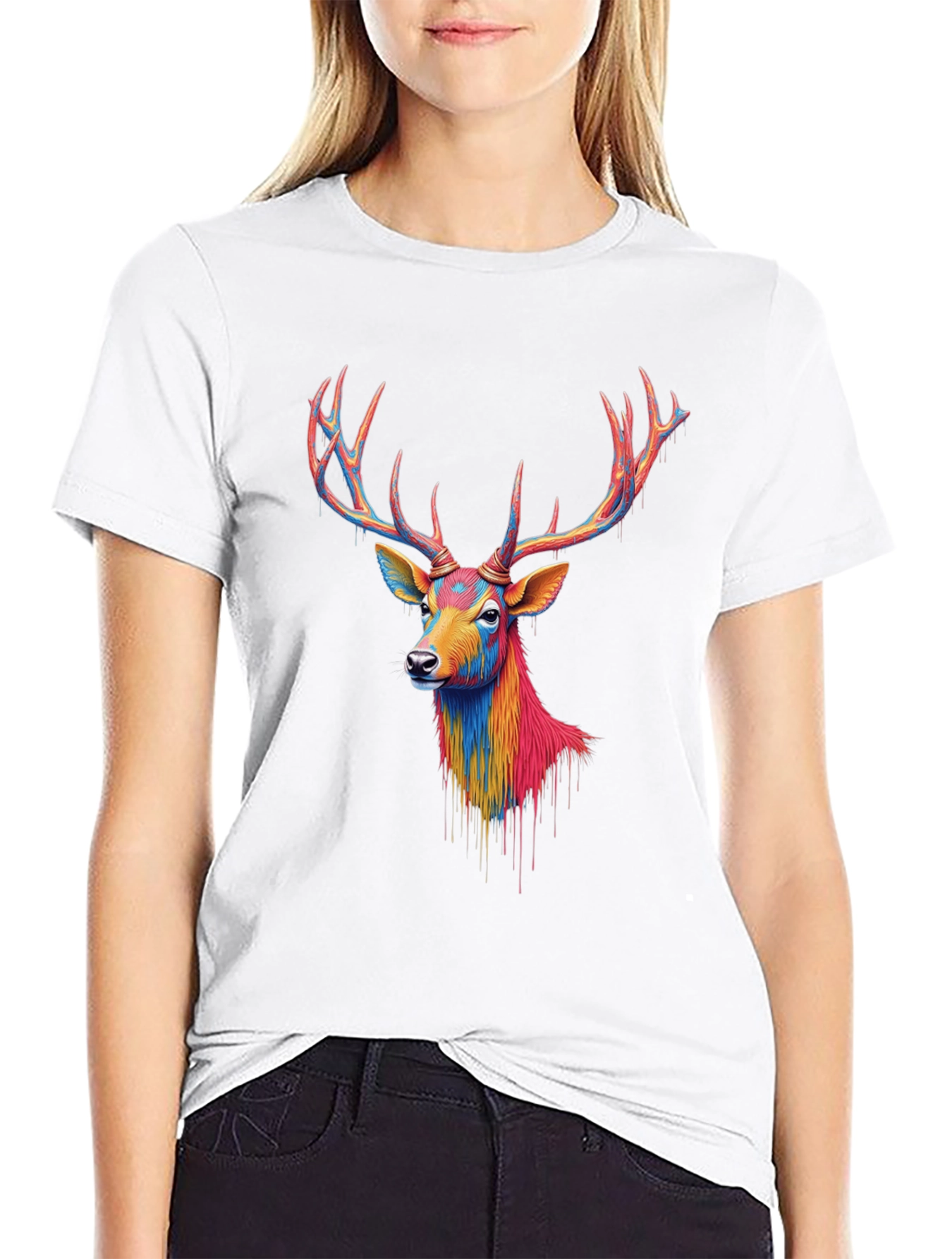 Black Colorful Deer Graphic Black T-Shirt view 9