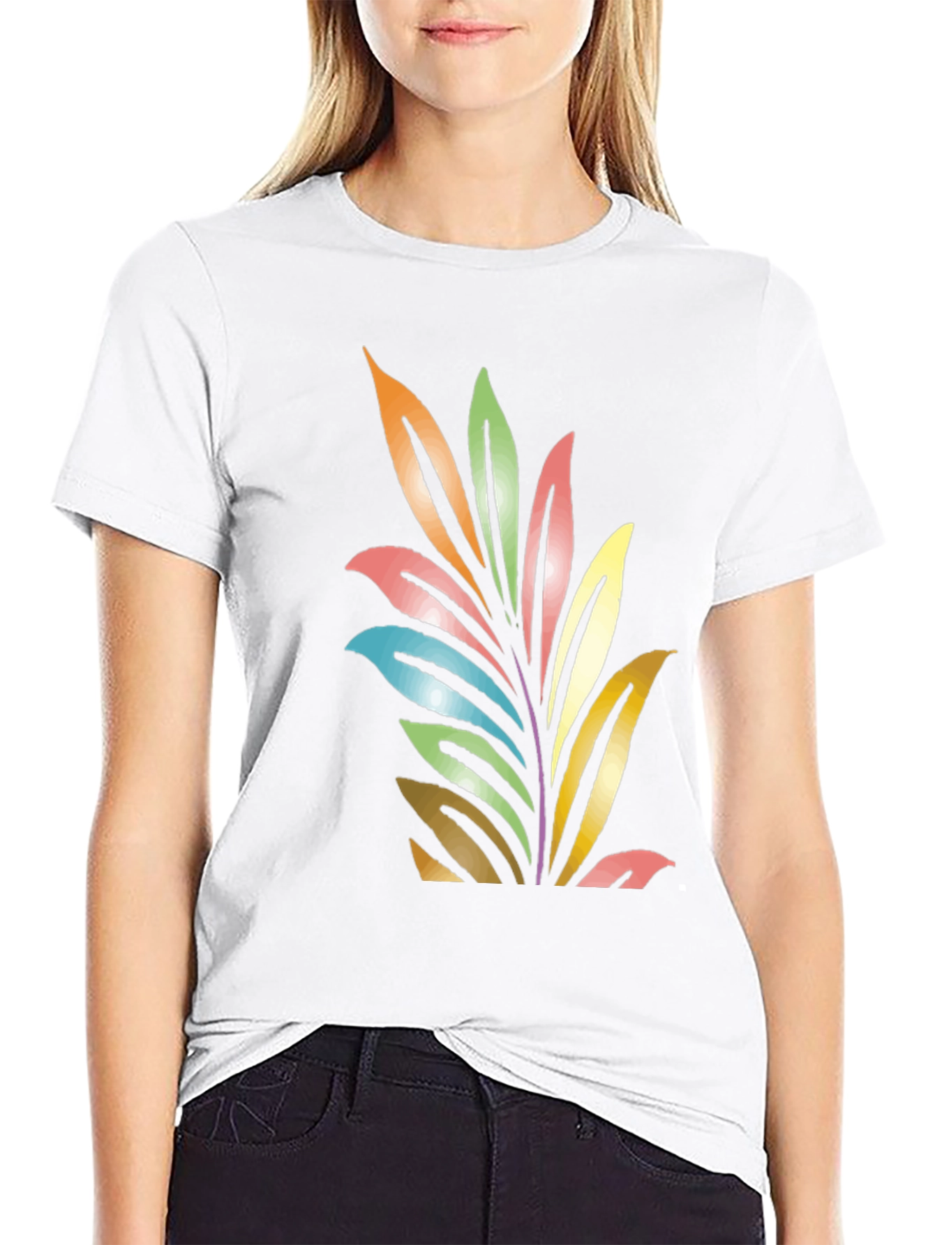 Black Colorful Leaf Graphic Black T-Shirt view 9