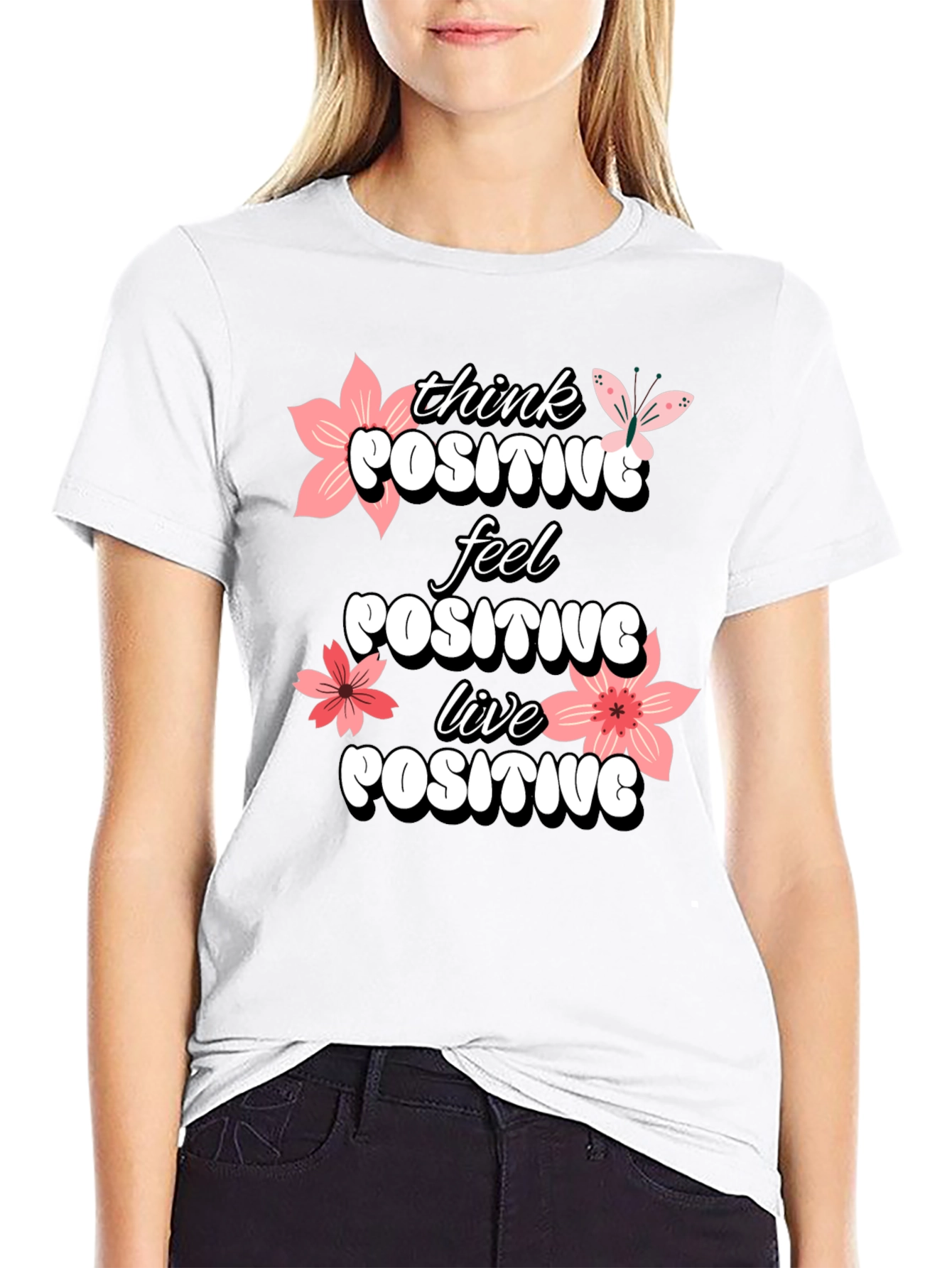 Black Think Positive T-Shirt - Feel Good Vibes view 9