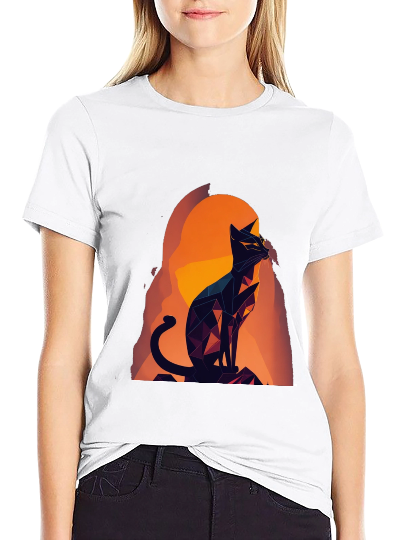 Black Geometric Cat Graphic Tee - Black Cotton Blend view 9