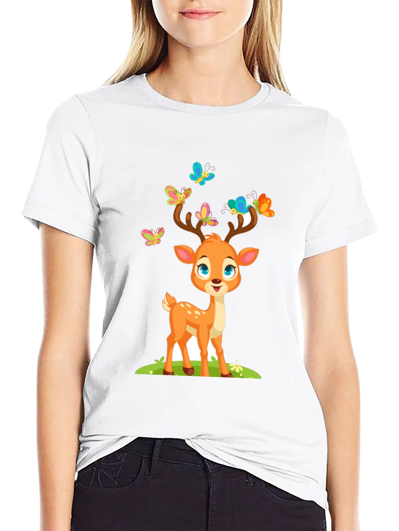 Black Cute Deer with Butterflies T-Shirt view 9