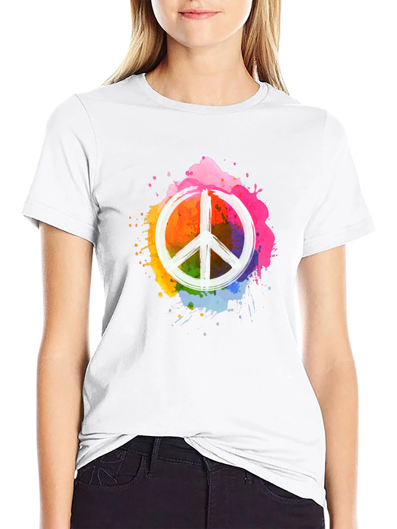 Black Peace Sign Colorful Splatter Black T-Shirt view 9