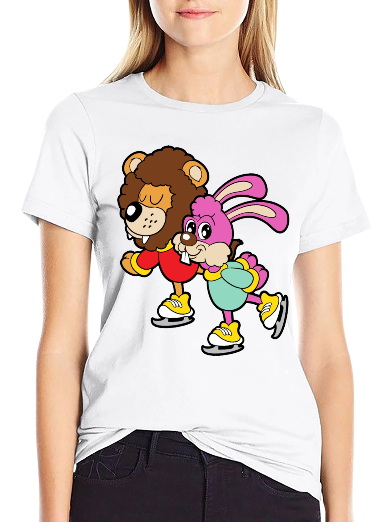 Black Lion & Bunny Ice Skating Cartoon Graphic T-Shirt view 9
