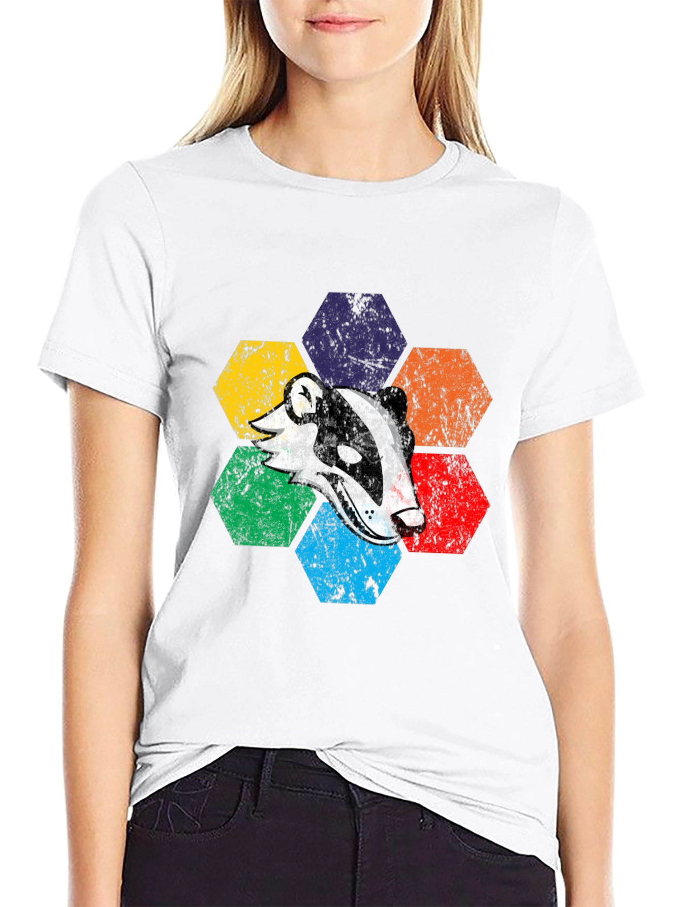 Black Retro Badger Hexagon T-Shirt - Unique Graphic Tee view 9