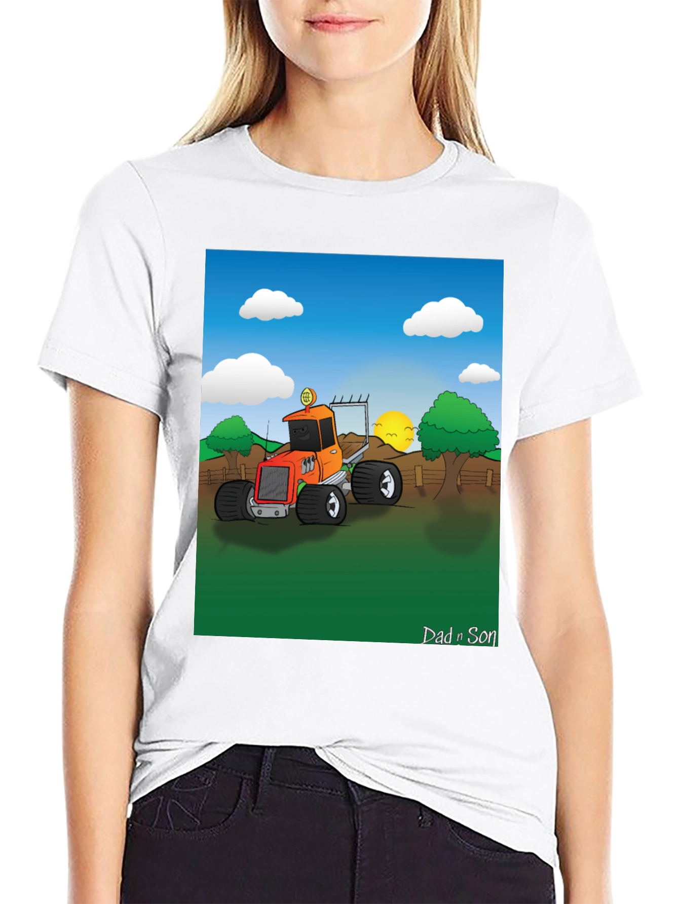 Black Dad n Son Cartoon Tractor T-Shirt view 9