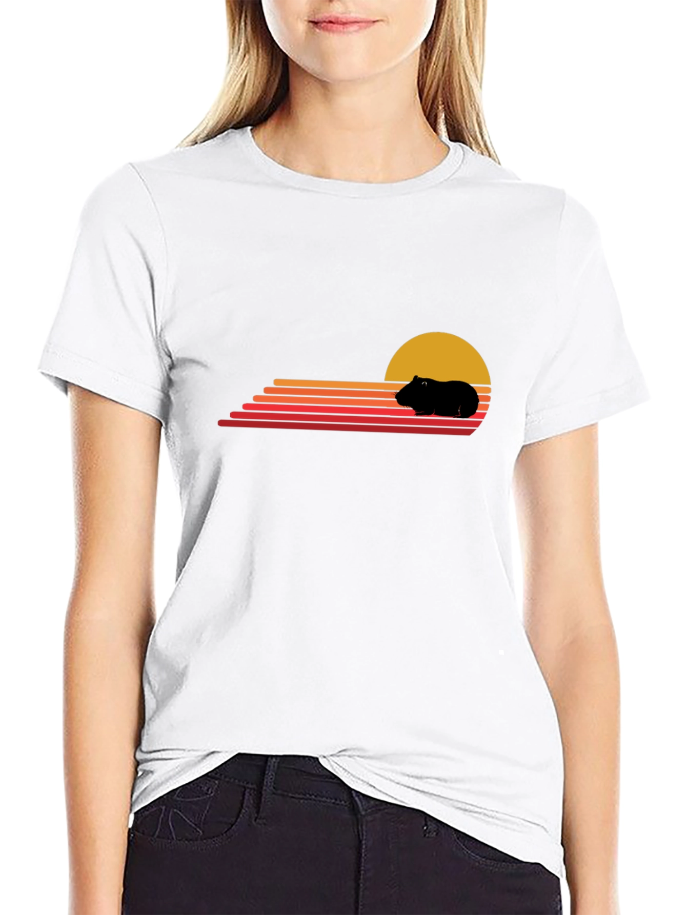 Black Retro Guinea Pig Sunset T-Shirt view 9