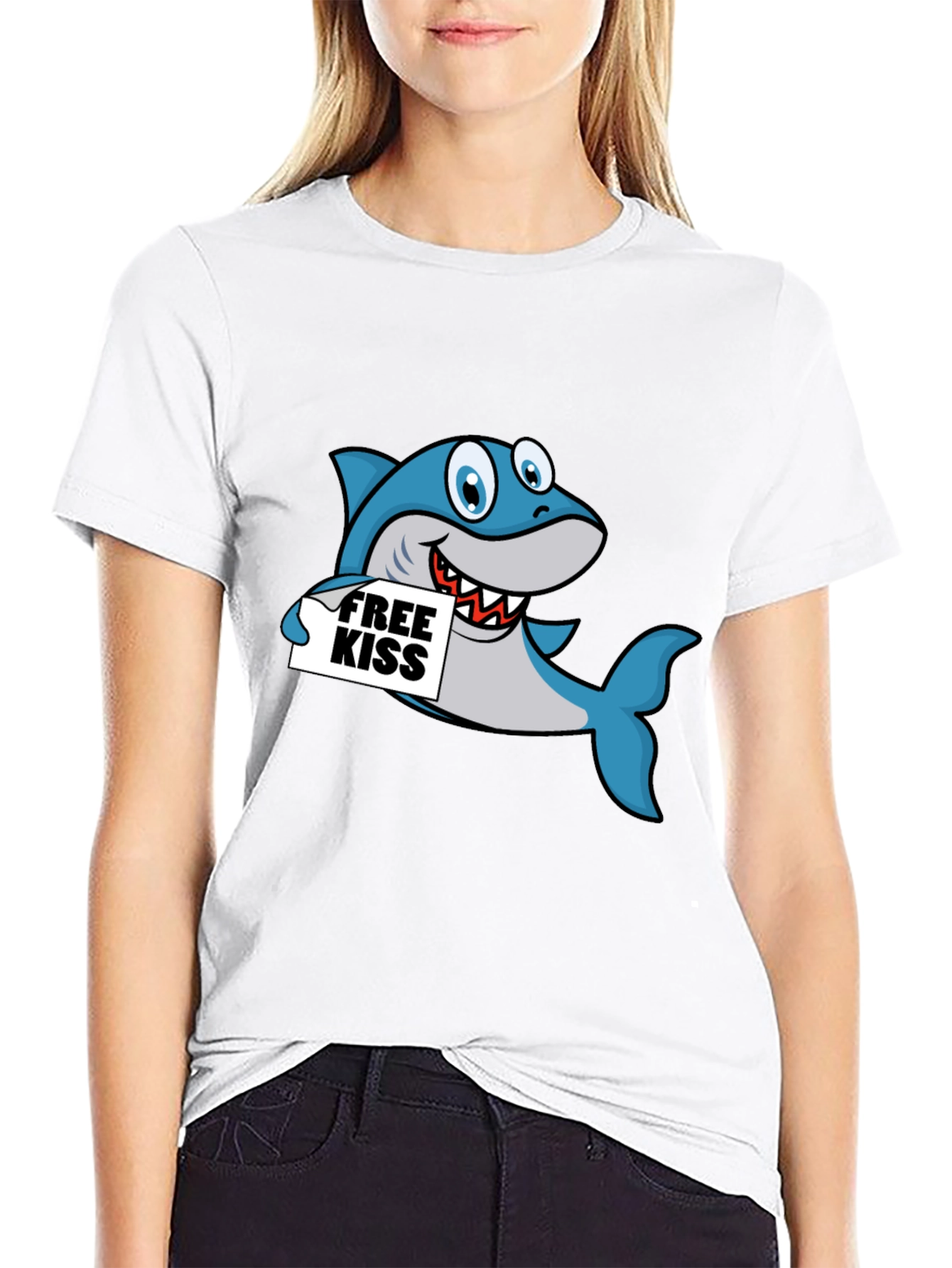 Black Funny Shark Free Kiss Graphic Tee - Black view 9