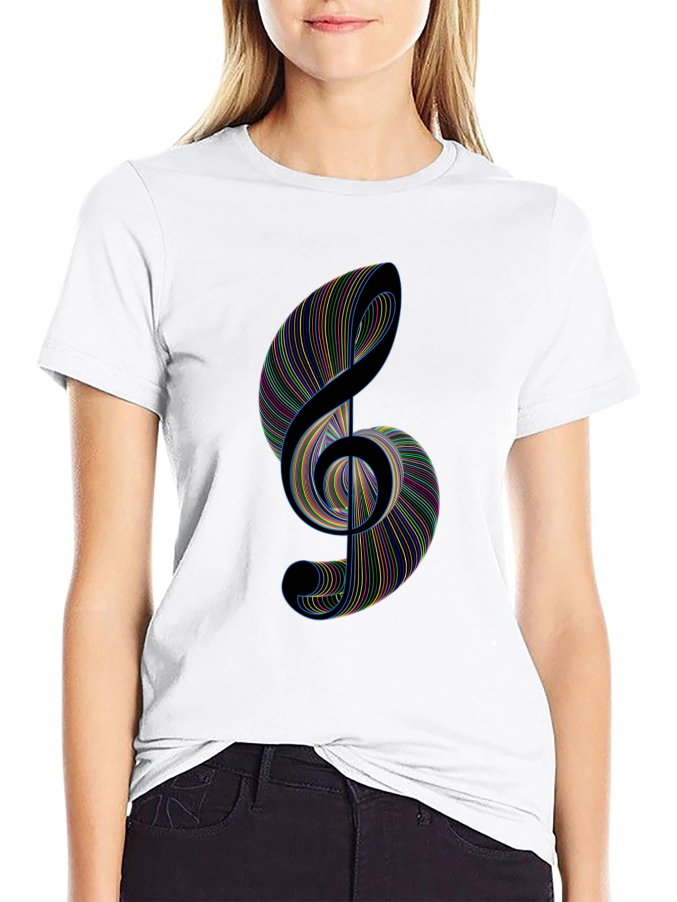 Black Treble Clef Music T-Shirt - Colorful Lines view 9