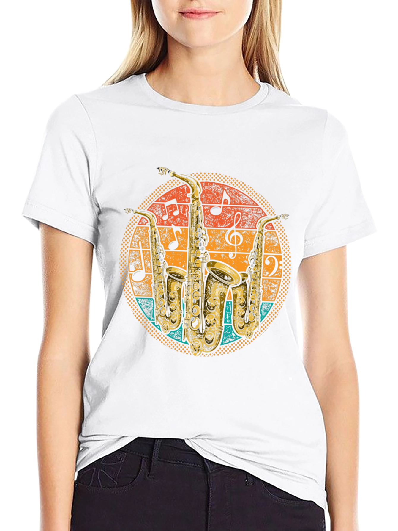 Black Retro Saxophone Music T-Shirt view 9