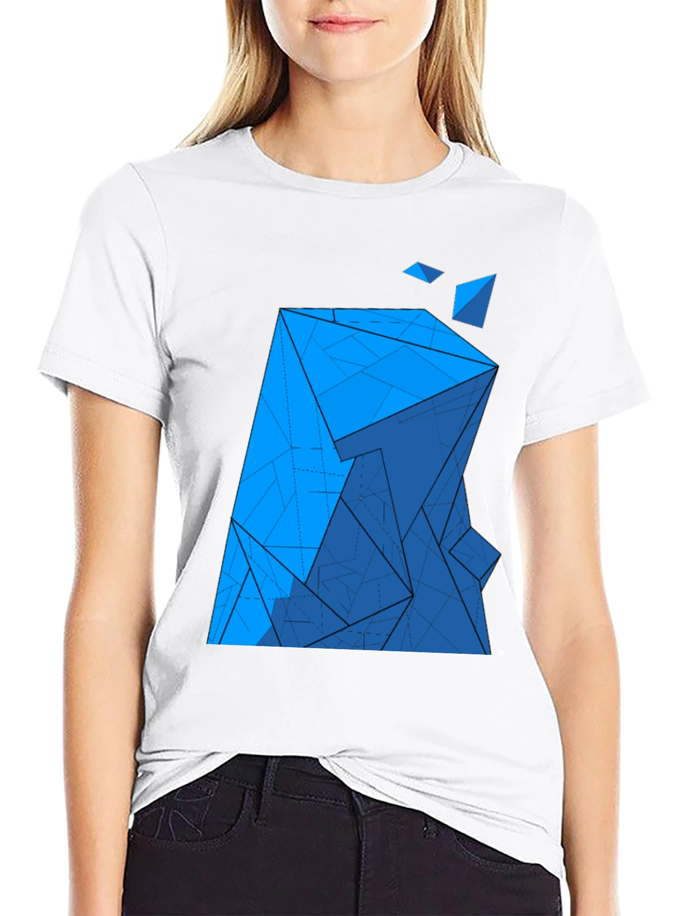 Black Abstract Blue Geometric Print Black T-Shirt view 9