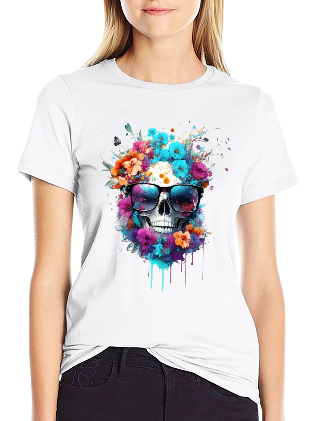 Black Floral Skull T-Shirt: Stylish & Unique Graphic Tee view 9