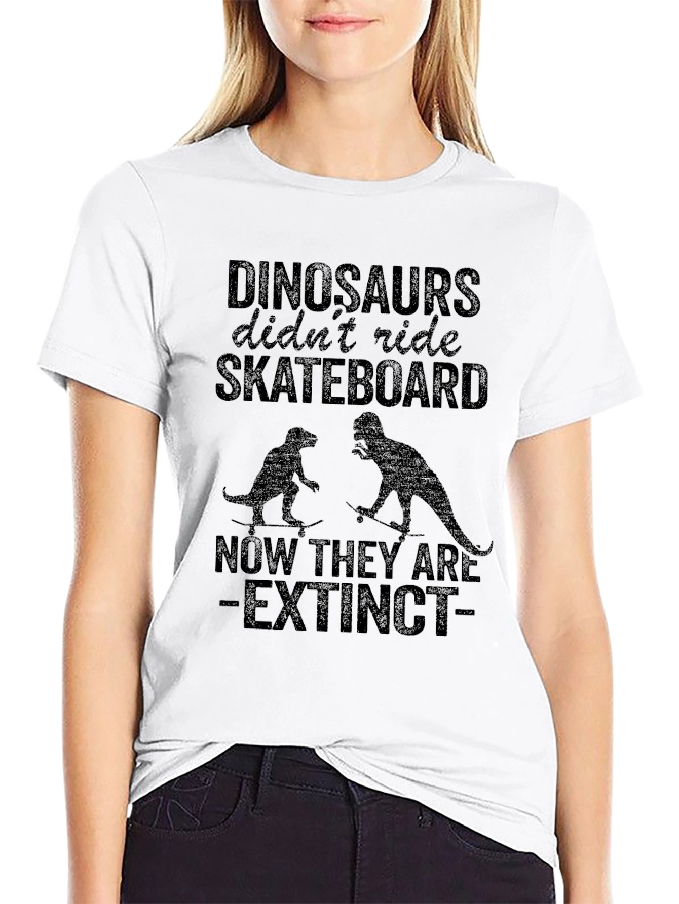 Black Dinosaurs Skateboarding Extinct T-Shirt view 9