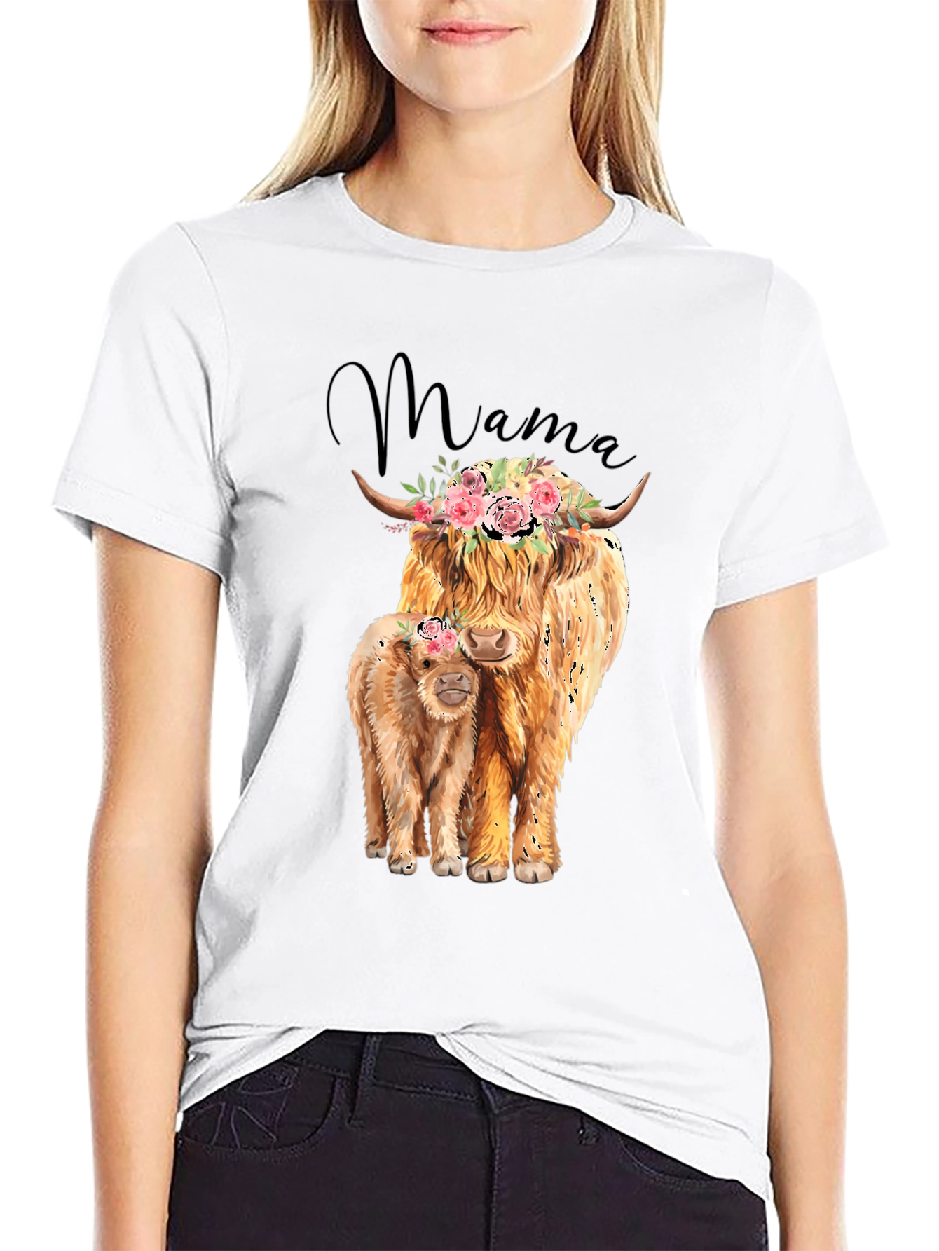 Black Mama Highland Cow T-Shirt: Floral Crowned Cow & Calf Tee view 9