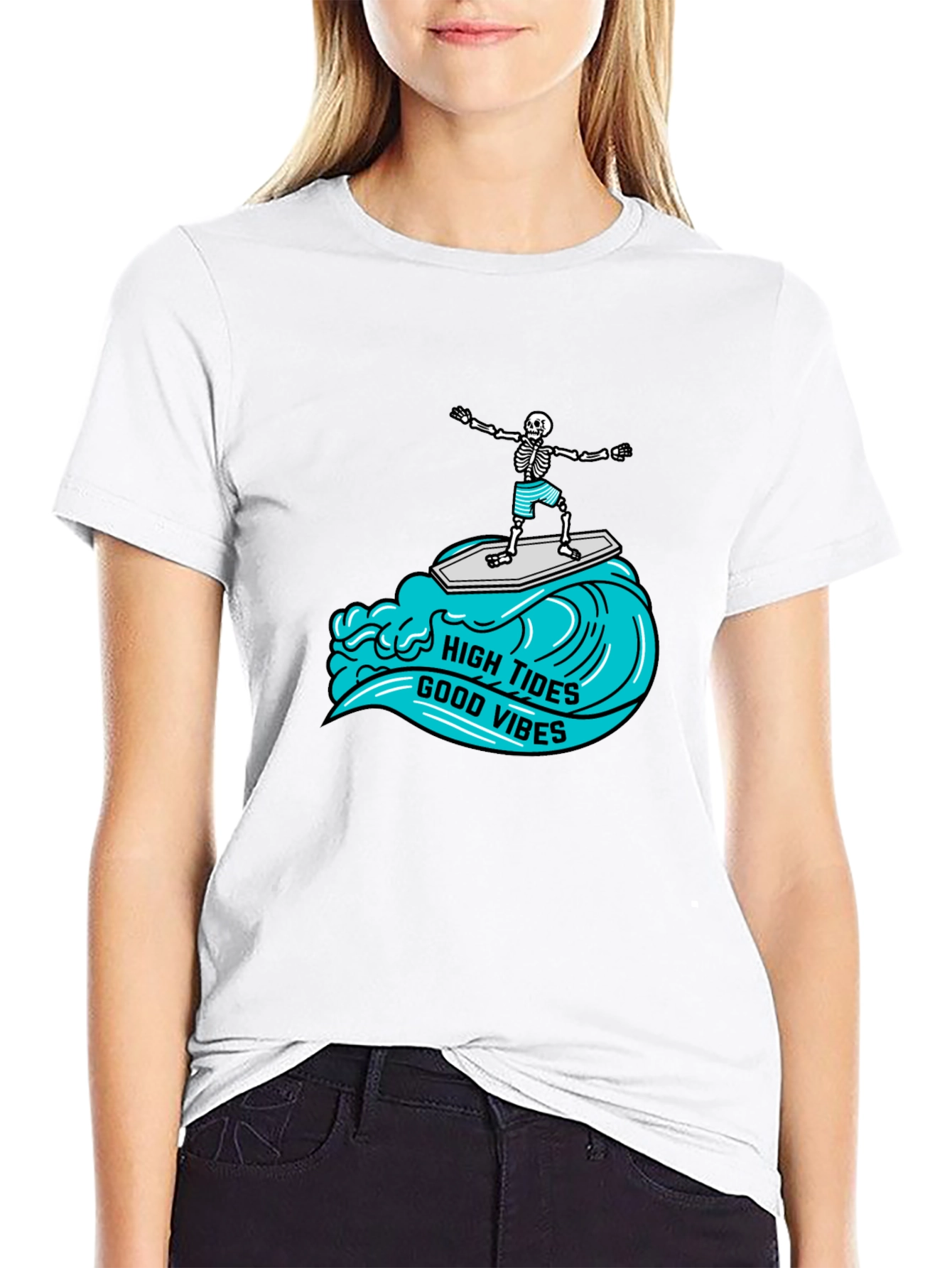 Black High Tides Good Vibes Skeleton Surfing Tee view 9