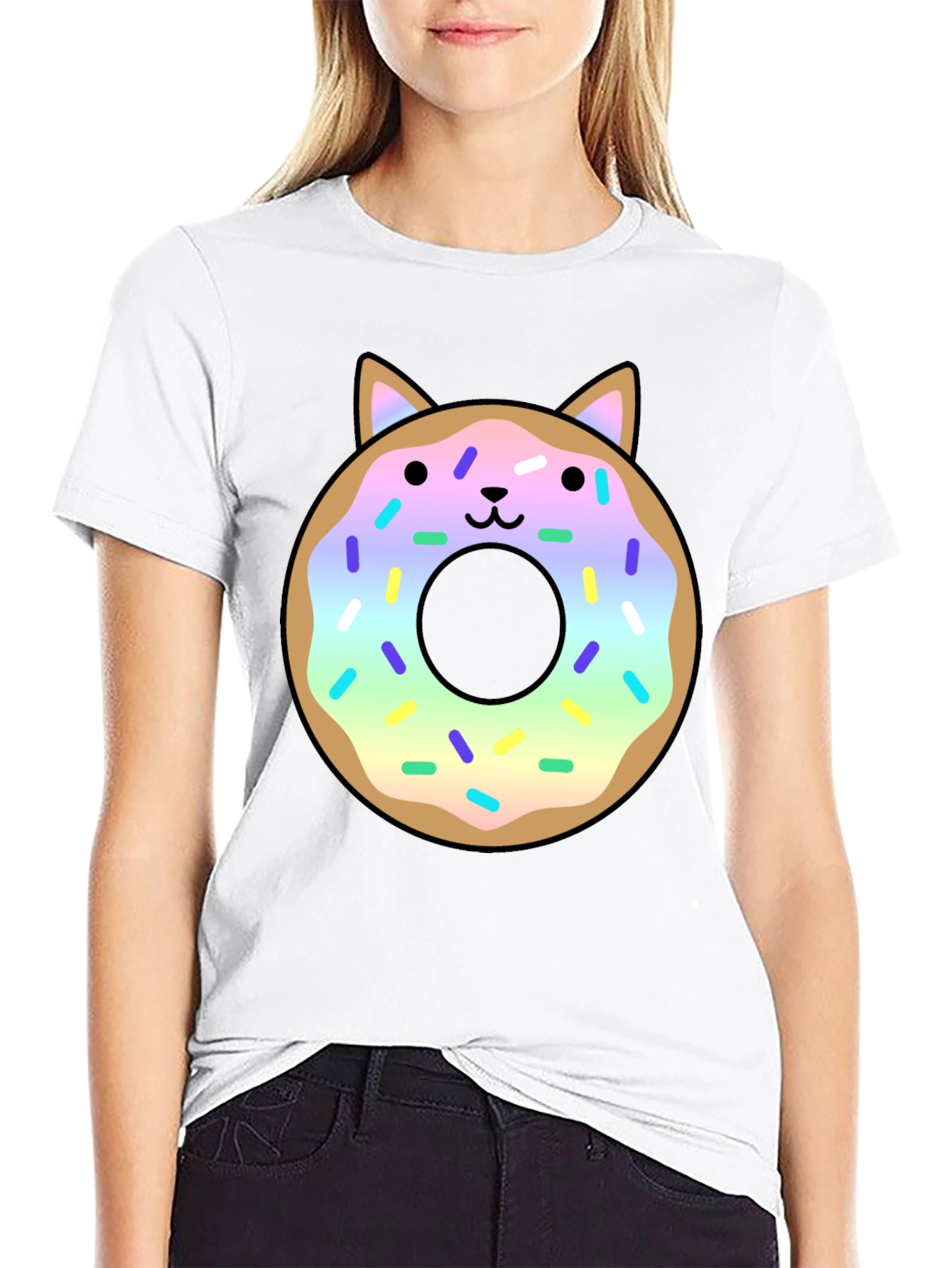 Black Cute Cat Donut Graphic Tee - Black Unisex T-Shirt view 9