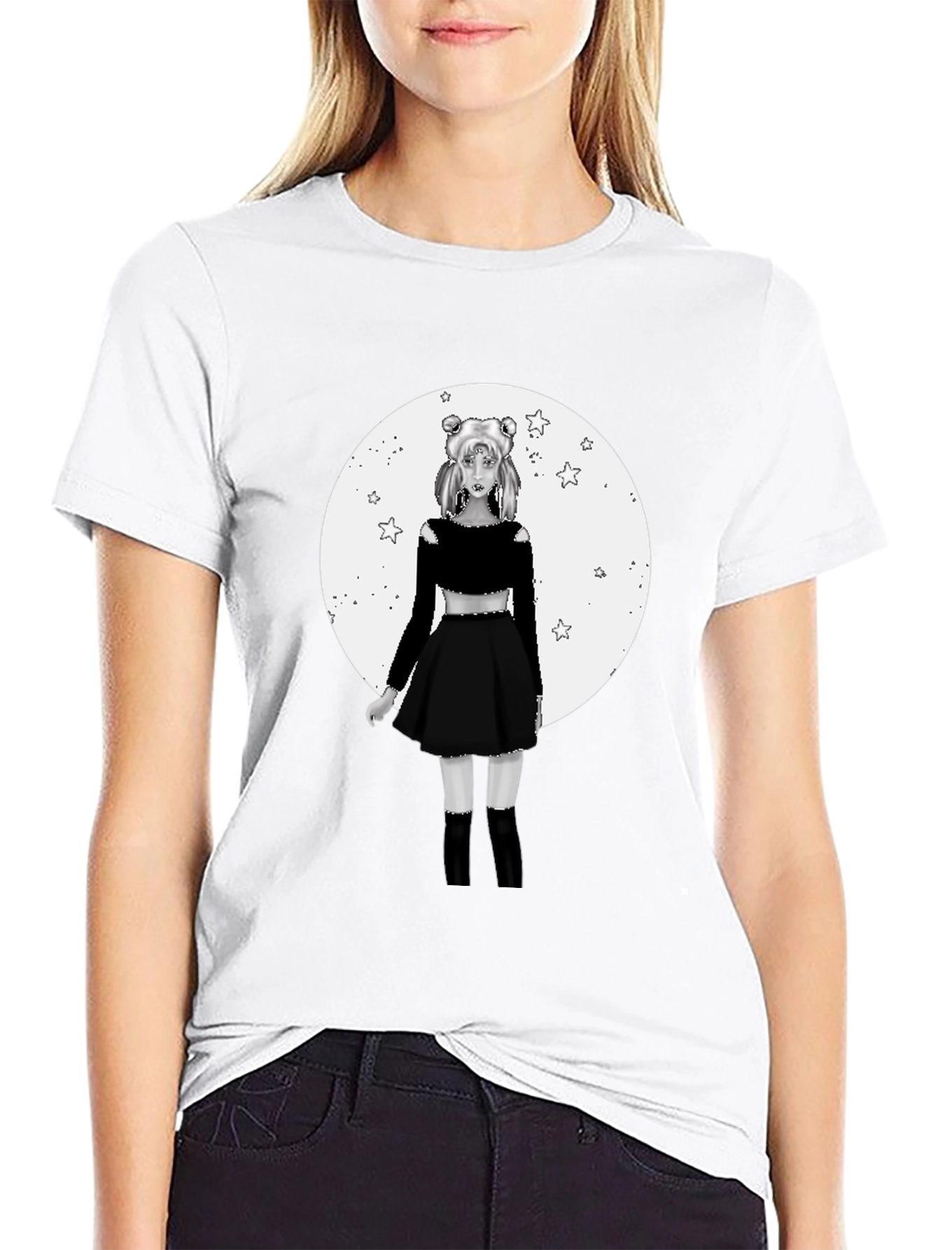 Black Anime Girl Moon Graphic Black T-Shirt view 9