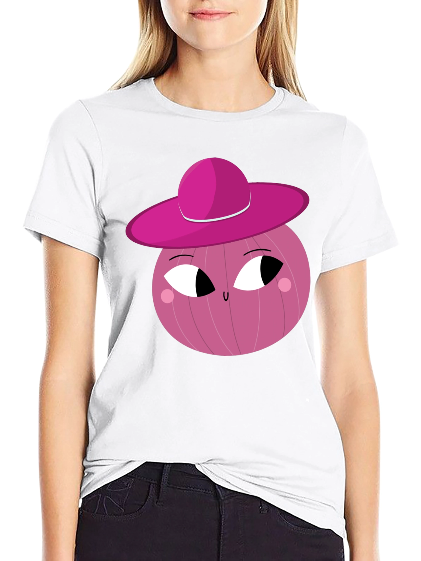 Black Whimsical Pink Onion Character Graphic T-Shirt view 9