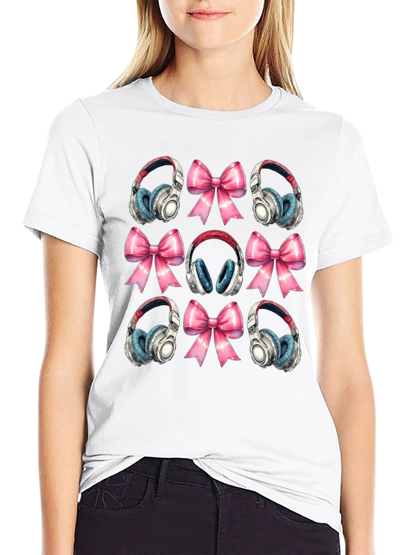 Black Headphones and Bows Pattern T-Shirt view 9