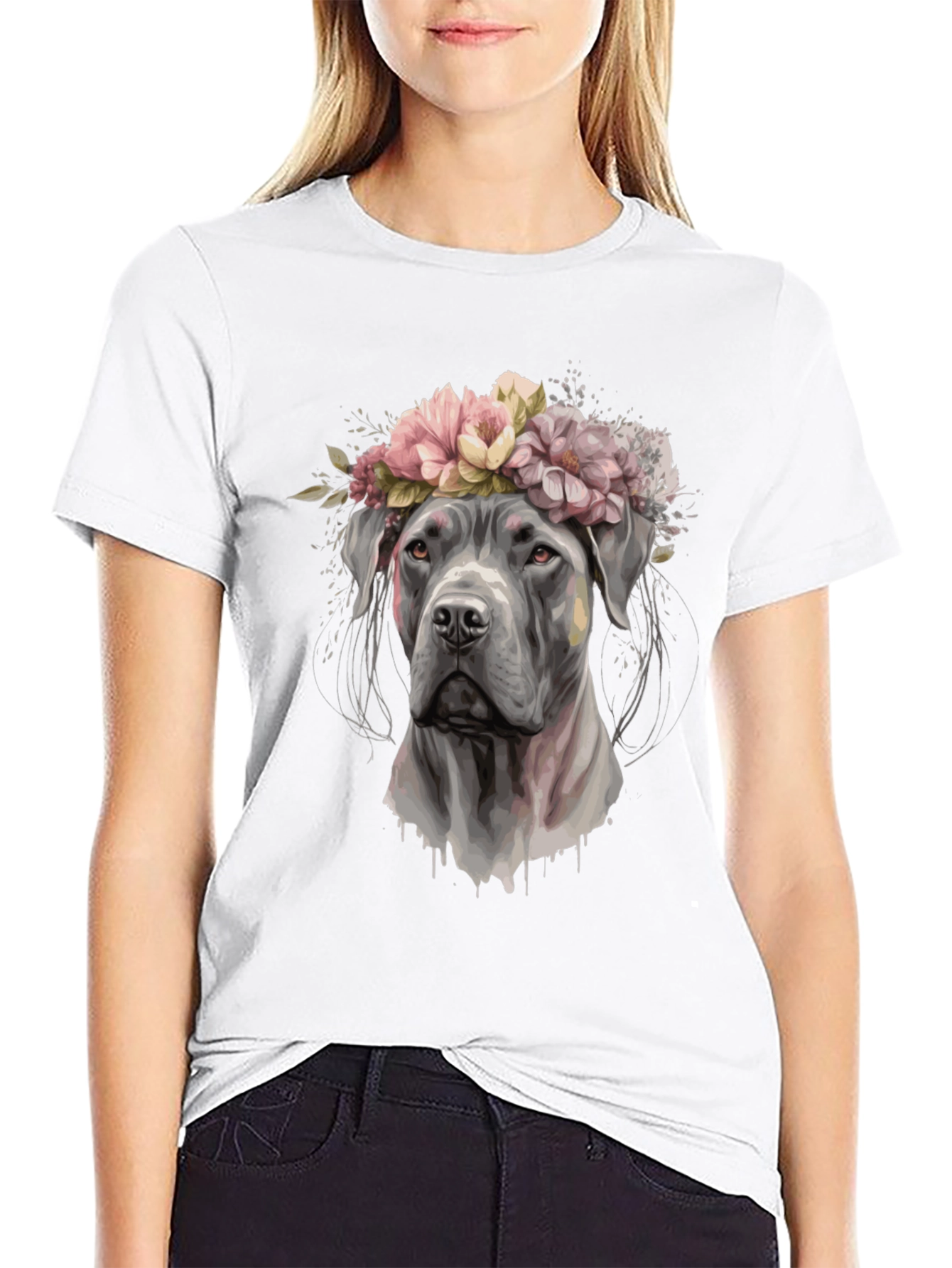 Black Dog with Flower Crown Black T-Shirt view 9