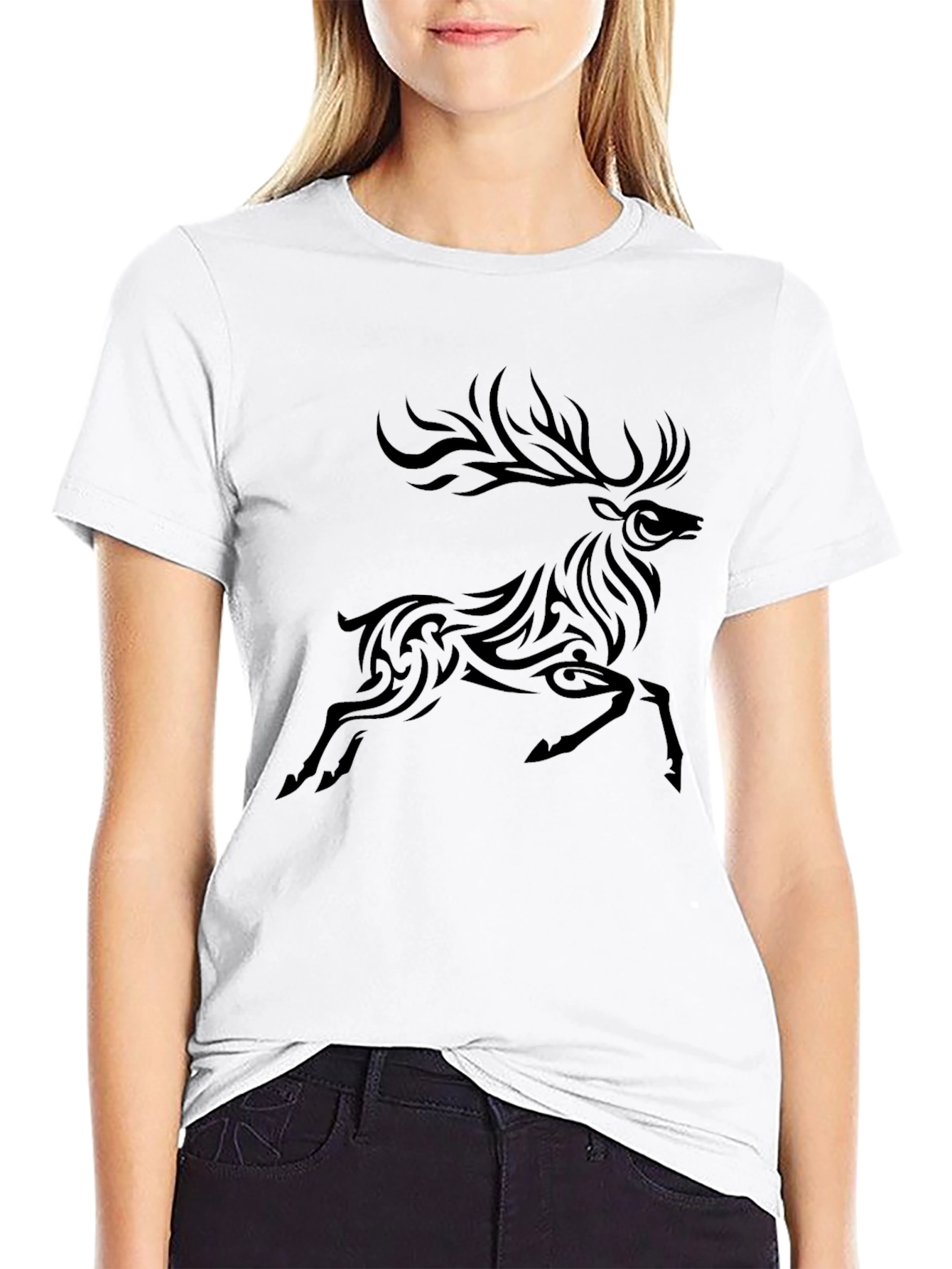 Tribal Deer Graphic Black T-Shirt - 9