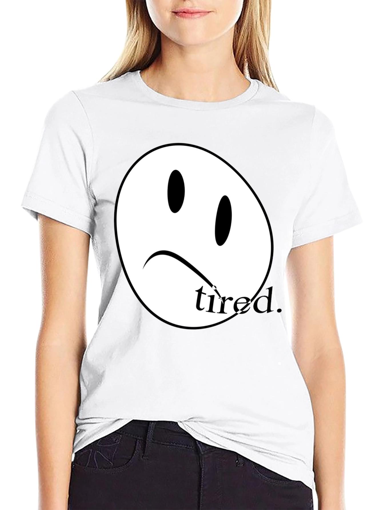 Black Sad Face Tired T-Shirt - Unisex Cotton Tee view 9