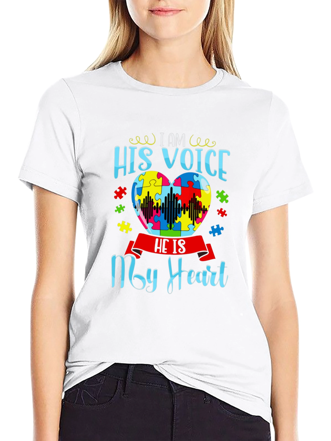 Black Autism Awareness 'His Voice My Heart' T-Shirt view 9