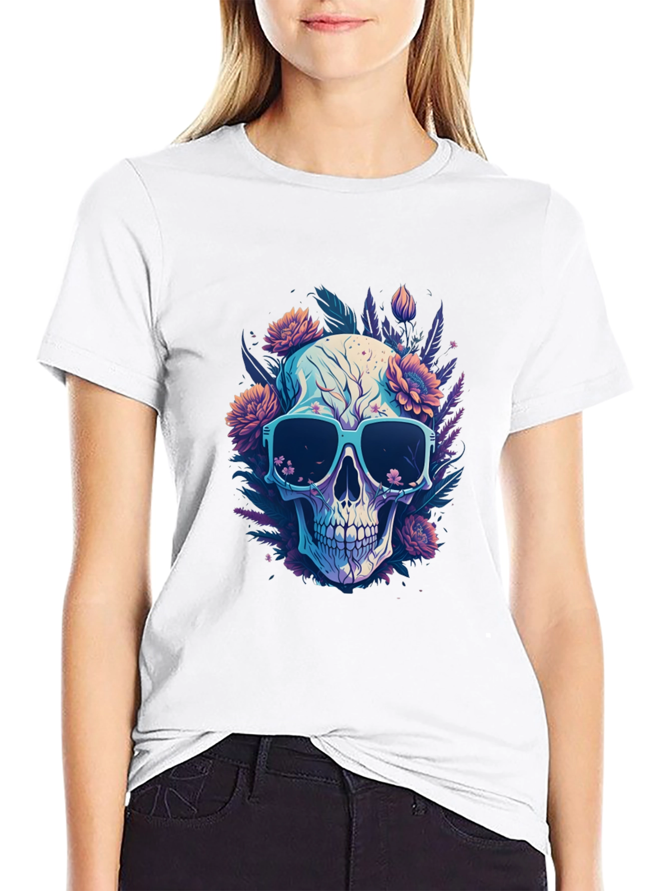 Black Skull and Flowers Graphic T-Shirt - Cool Style view 9