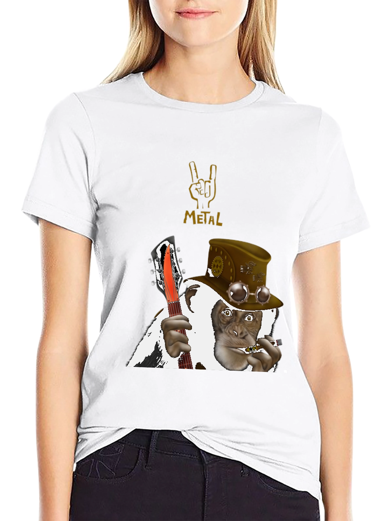 Black Steampunk Monkey Guitarist T-Shirt view 9
