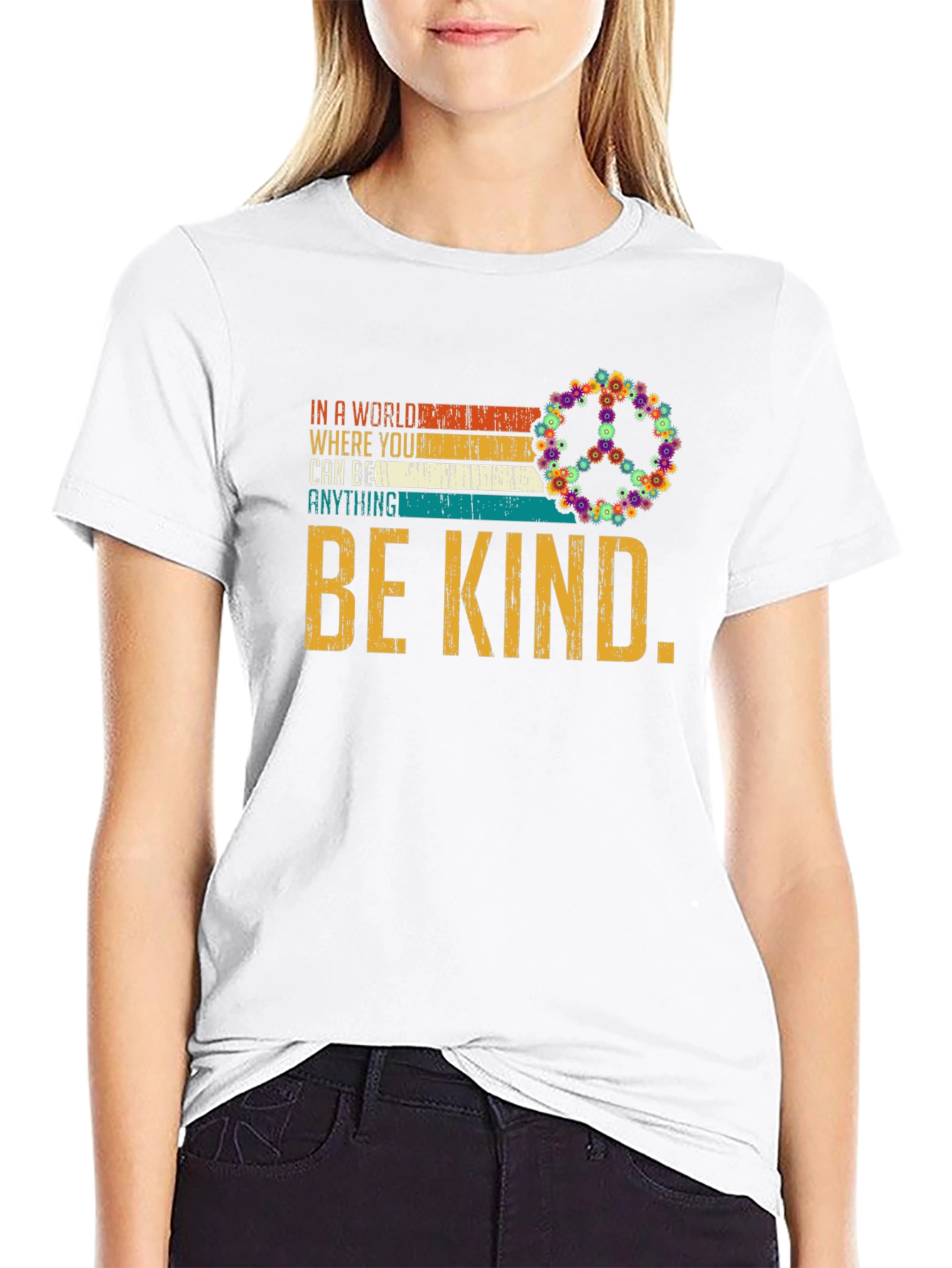 Black Be Kind T-Shirt - Floral Peace Sign - Inspiring Message view 9