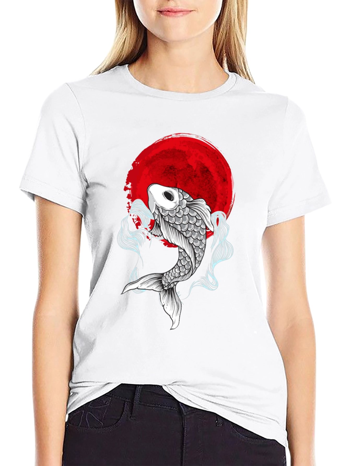 Black Koi Fish Red Moon Graphic Tee - Stylish & Unique view 9