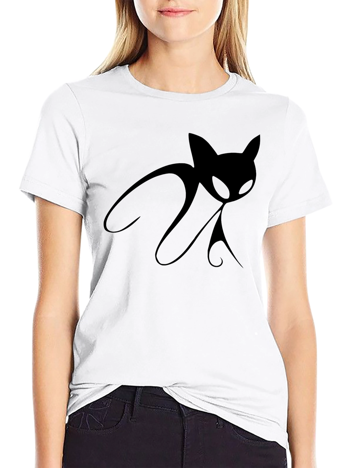 Black Men's Black T-Shirt with Stylized Cat Design view 9