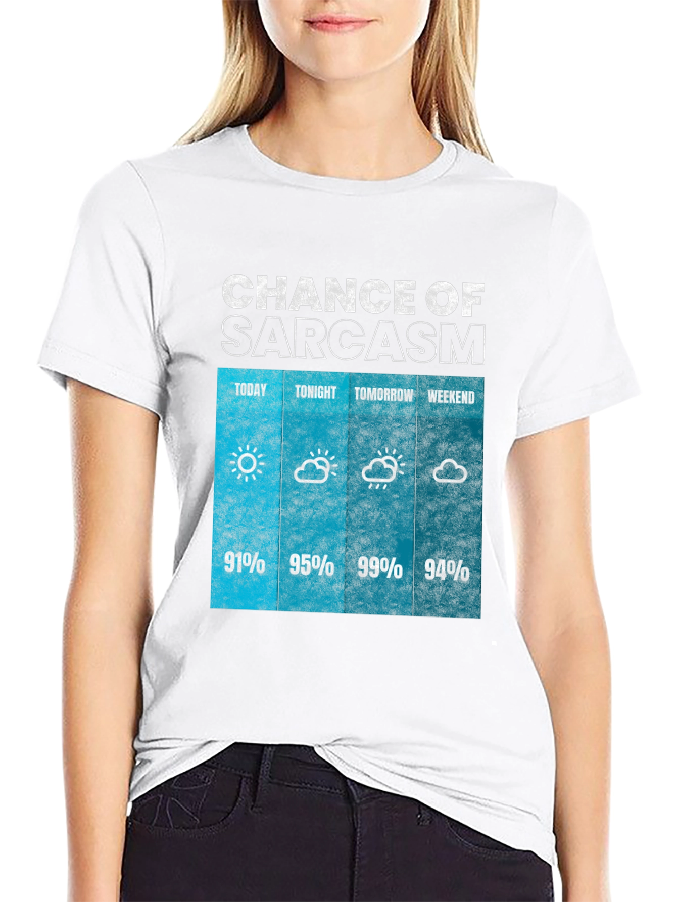 Black Sarcasm Weather Forecast Graphic Tee view 9