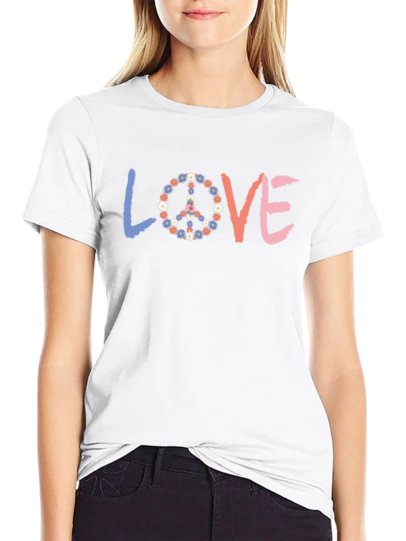 Black Love Peace Sign Floral T-Shirt - Casual Comfort view 9